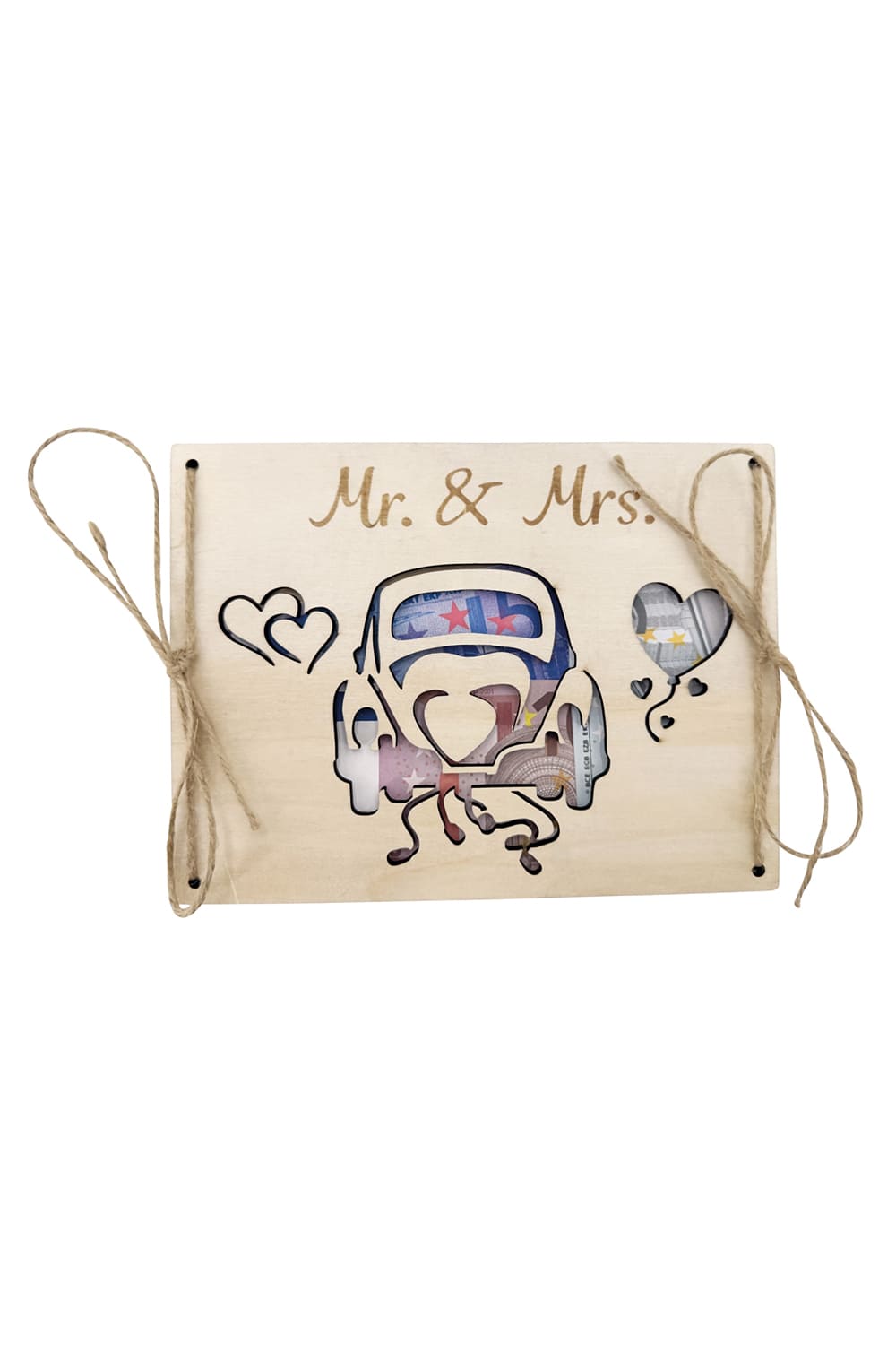 Kreative Geldkarte aus Holz zur Hochzeit! Einfach die Geldnoten dazwischen legen und zubinden. Ein originelles Geldgeschenk mit der Aufschrift: Mr. & Mrs.
