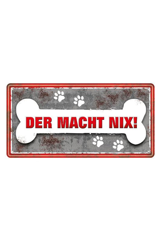 Dieses Hund Metallschild ist ein witziges Geschenk fuer alle Hundebesitzer. Auf dem Blechschild steht der Spruch: Der macht Nix. Zusaetzlich ist ein Hundeknochen aufgedruckt. Das Schild kann befestigt werden und ist somit ein richtiger Hingucker. 
