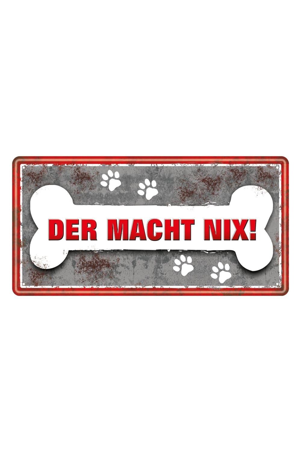 Dieses Hund Metallschild ist ein witziges Geschenk fuer alle Hundebesitzer. Auf dem Blechschild steht der Spruch: Der macht Nix. Zusaetzlich ist ein Hundeknochen aufgedruckt. Das Schild kann befestigt werden und ist somit ein richtiger Hingucker.