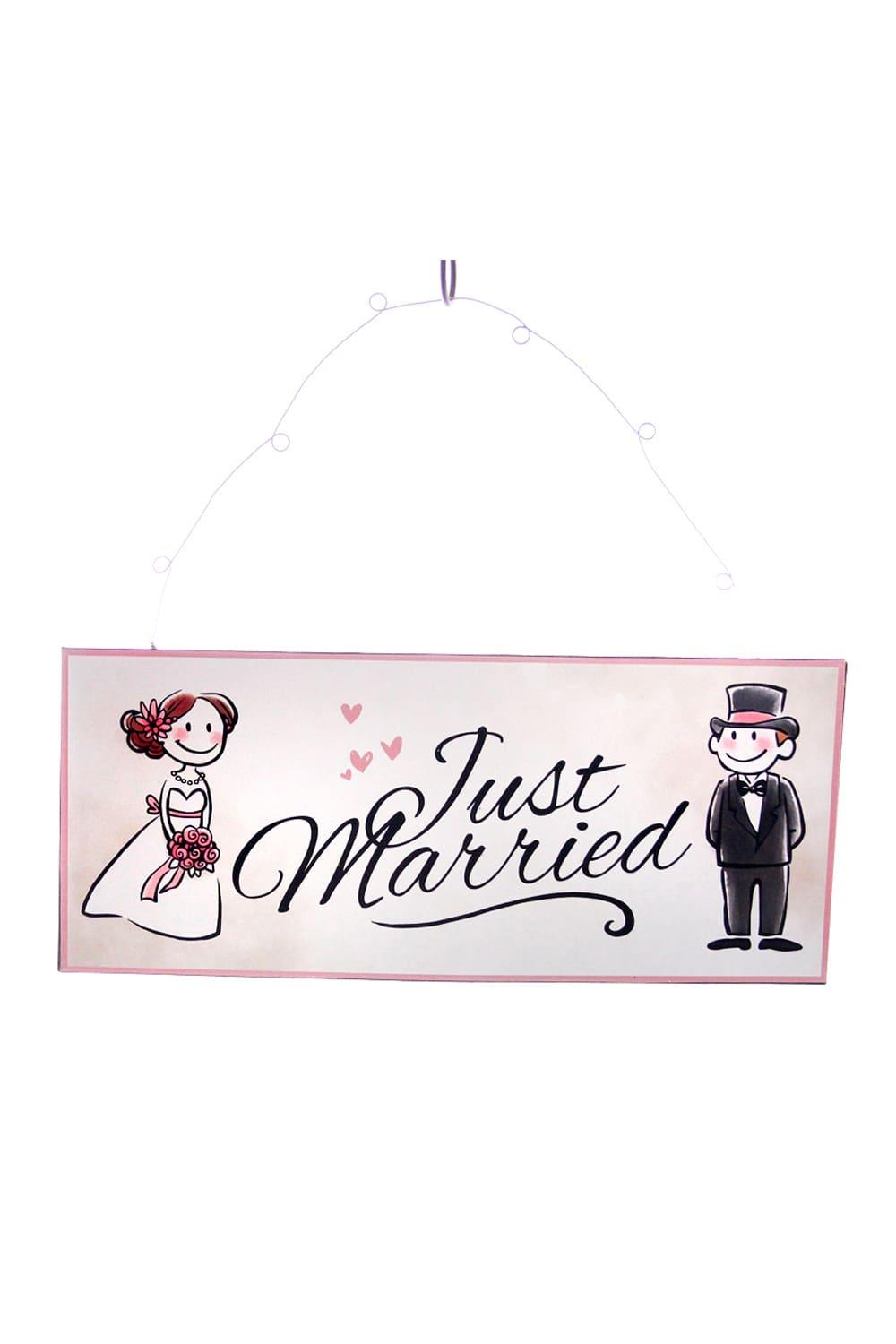 Dieses herzige und auch lustige Metallschild ist ein witziges Geschenk zur Hochzeit. Auf dem Blechschild steht die Aufschrift: Just Married. Zusaetzlich ist eine Braut und ein Braeutigam, aufgedruckt. Dieses Schild kann befestigt werden und ist somit ein richtiger Hingucker.