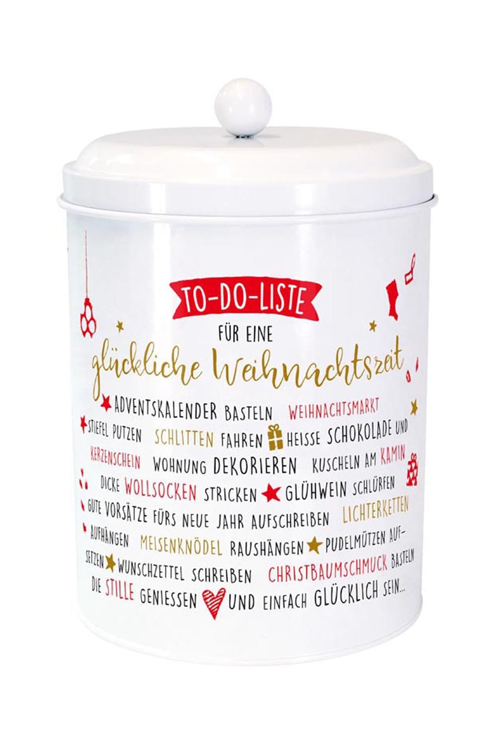 Die kreative Guetzlidose ist mit der Aufschrift: To-Do-Liste fuer eine glueckliche Weihnachtszeit. Auf der Keksdose zu Weihnachten steht: Adventskalender basteln, Gluehwein schluerfen, Wunschzettel schreiben, Kuscheln am Kamin, heisse Schokolade und Kerzenschein.