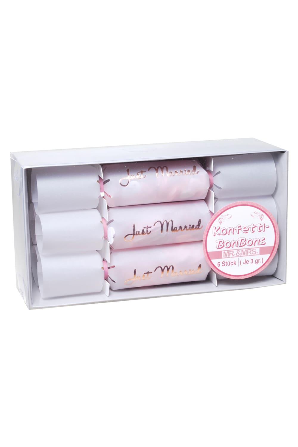 Perfekt fuer eine Hochzeit! 6 Knallbonbons in einer Packung mit der Aufschrift: Just Married. Die Konfetti Bonbons bringen so richtig Schwung ins Hochzeitsfest. Feiern Sie das frischgetraute Hochzeitspaar!!!