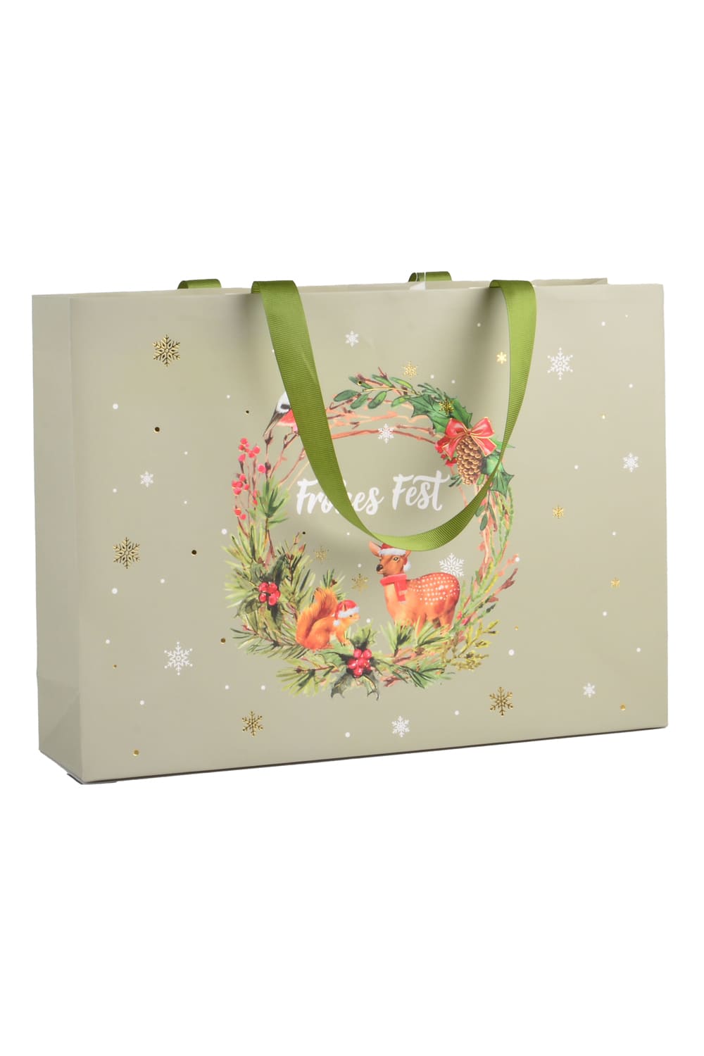 Hochwertige Geschenktasche mit der Aufschrift: Frohes Fest und schoenem Motiv mit einem Kranz und Reh. Eine schoene Tasche (quer) fuer Weihnachten!