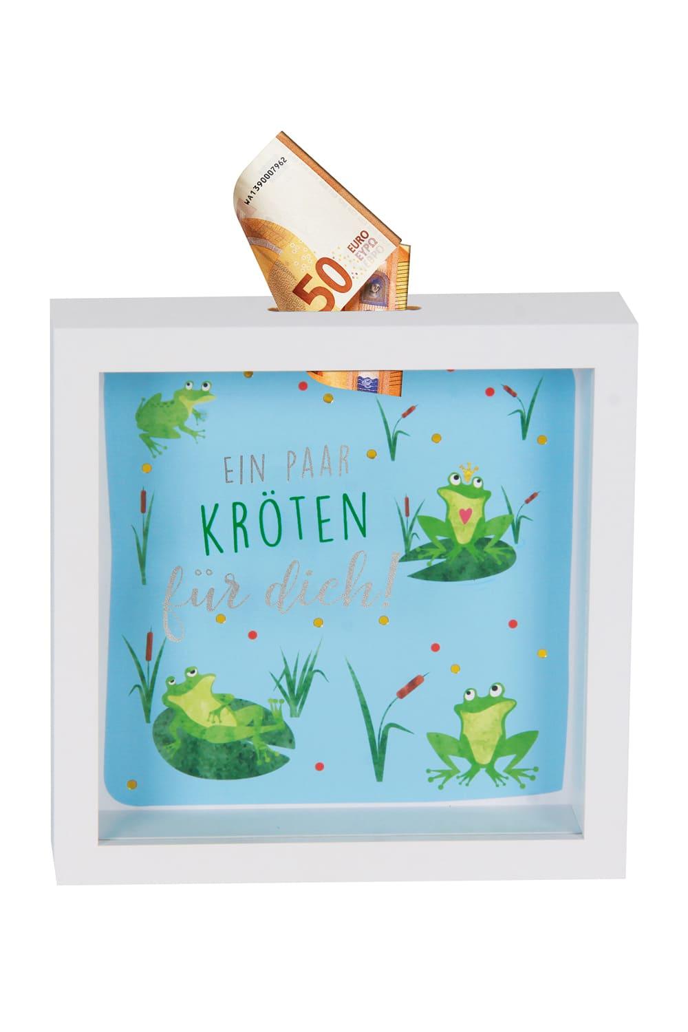 Das lustige Kroeten Sparkaesseli ist ein ideales Geschenk! Die Holz Sparkasse mit dem Spruch: Ein paar Kroeten fuer dich!