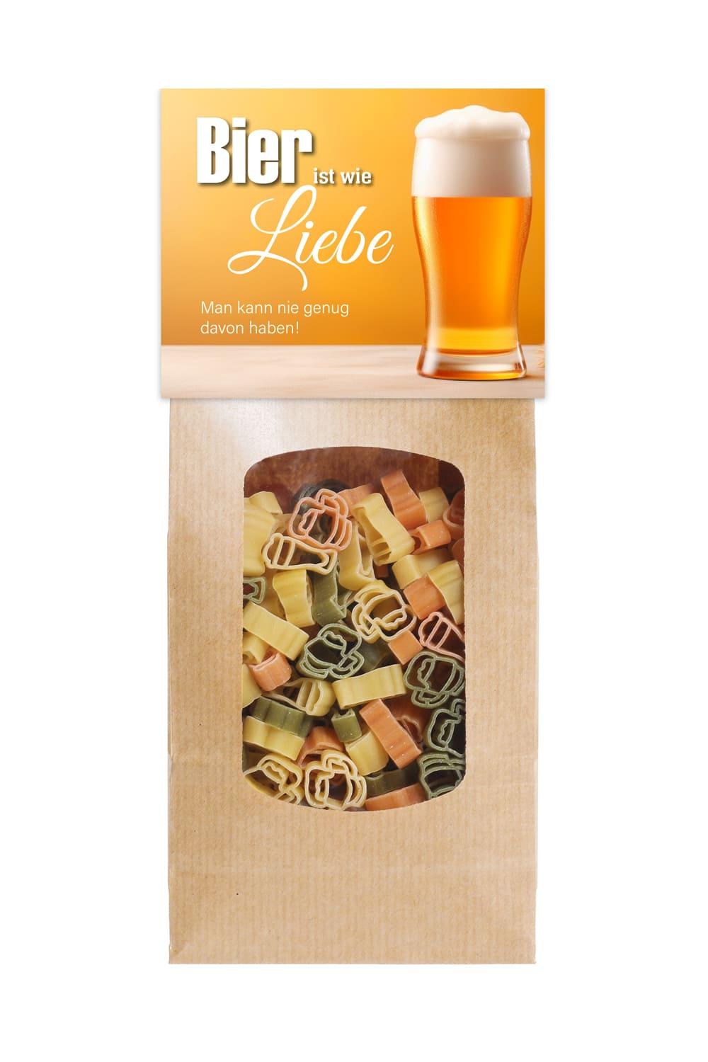 Die Motiv Pasta mit dem Spruch: Bier ist wie Liebe, man kann nie genug davon haben! Die Biernudeln sind in Form von Bierglaesern. Ideales Geschenk!