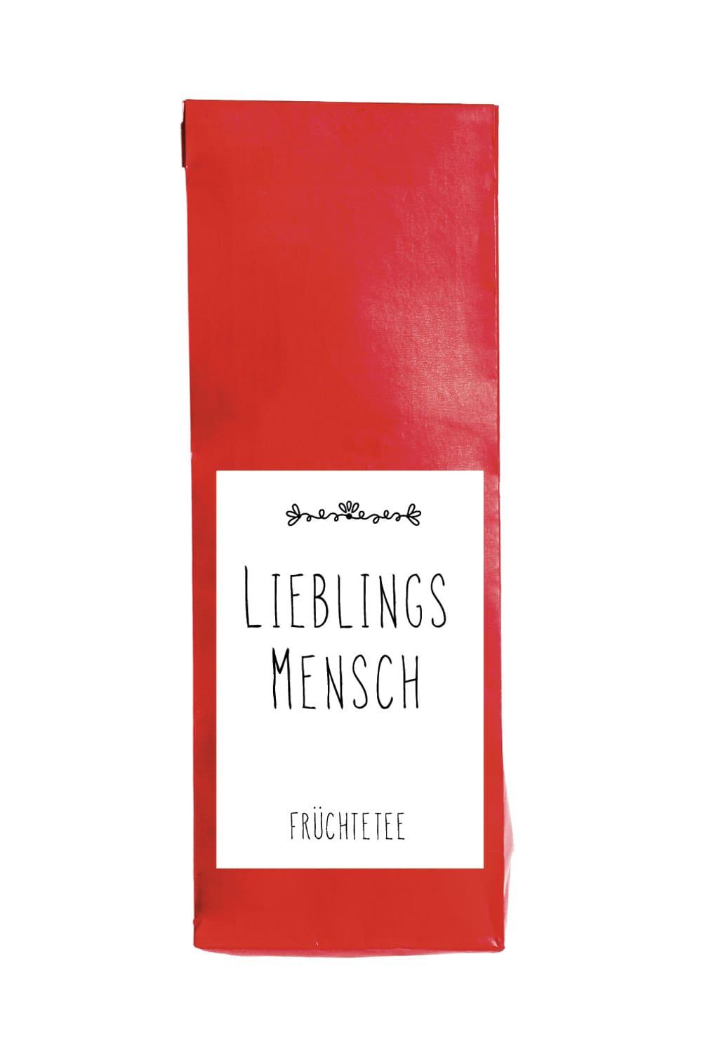 Dieser leckere Fruechtetee ist in einem herzigen Beutel verpackt. Auf dem Beutel ist eine Etikette aufgeklebt mit dem Spruch: Lieblingsmensch. Ein kreatives Geschenk fuer alle, die gerne Tee trinken. Dieses Teegeschenk ist perfekt fuer zum Muttertag, Valentinstag oder als Geschenk fuer eine gute Freundin oder Freund.