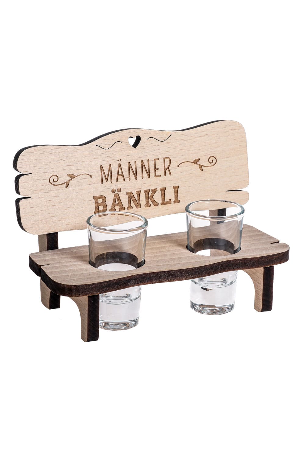 Auf der Schnapsbank steht die Aufschrift: Maennerbaenkli. Das kleine Holzbänkli kann optimal mit einer Flasche Schnaps verschenkt werden. Inklusive zwei Schnapsglaesli aus Glas. Ein perfektes Maennergeschenk zum Geburtstag, zu Weihnachten oder einem sonstigen Anlass. Einfach ein ultimatives Mitbringsel fuer Maenner.