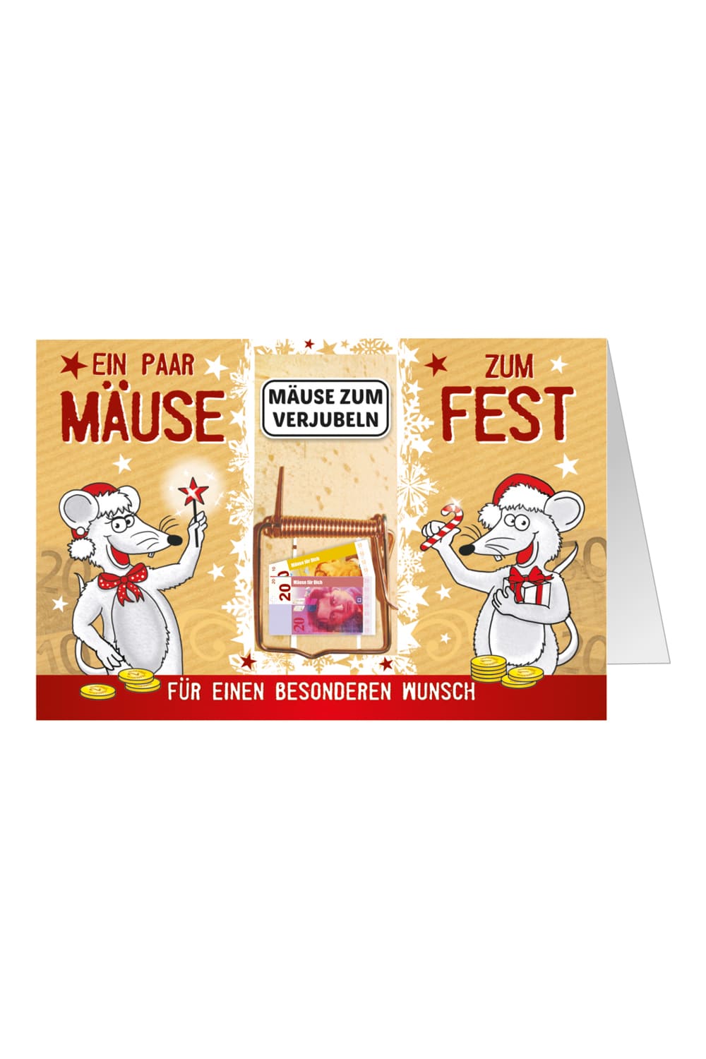 Ein paar Mäuse zum Fest Mausefalle zu Weihnachten. Geldgeschenk fuer die Weihnachtszeit. Frohe Weihnachten. Maeuse zum verjubeln. Originelle und kreative Doppelkarte als Geldgeschenk