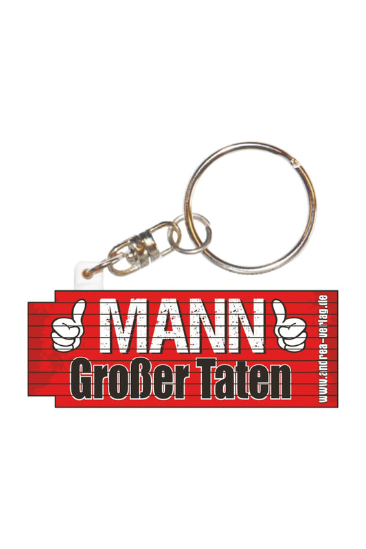 Kleiner Zollstock mit dem Spruch: Mann grosser Taten! Der Mini-Meter ist zugleich ein praktischer Schluesselanhaenger und ausklappbar bis zu 50 cm.