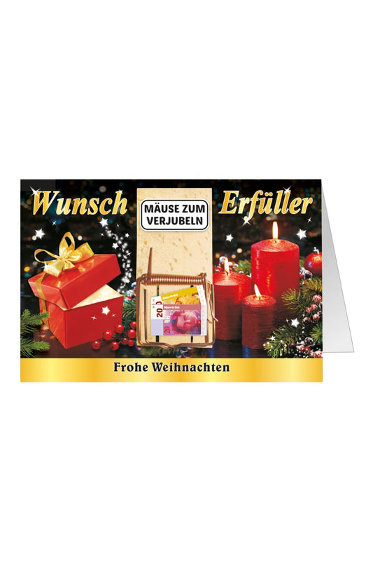 Wunsch Erfueller Mausefalle zu Weihnachten. Geldgeschenk fuer die Weihnachtszeit. Frohe Weihnachten. Maeuse zum verjubeln. Originelle und kreative Doppelkarte als Geldgeschenk
