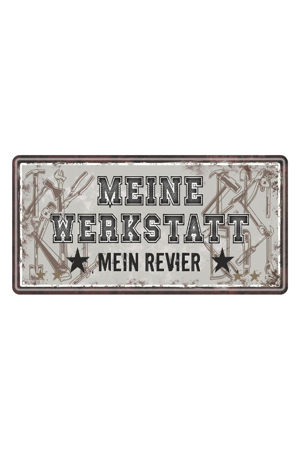 Dieses Metallschild ist ein laessiges Geschenk fuer einen Werkstatt Besitzer oder Hobbybastler. Auf dem Blechschild steht der Spruch: Meine Werkstatt. Mein Revier! Das Schild kann befestigt werden und ist somit ein richtiger Hingucker.