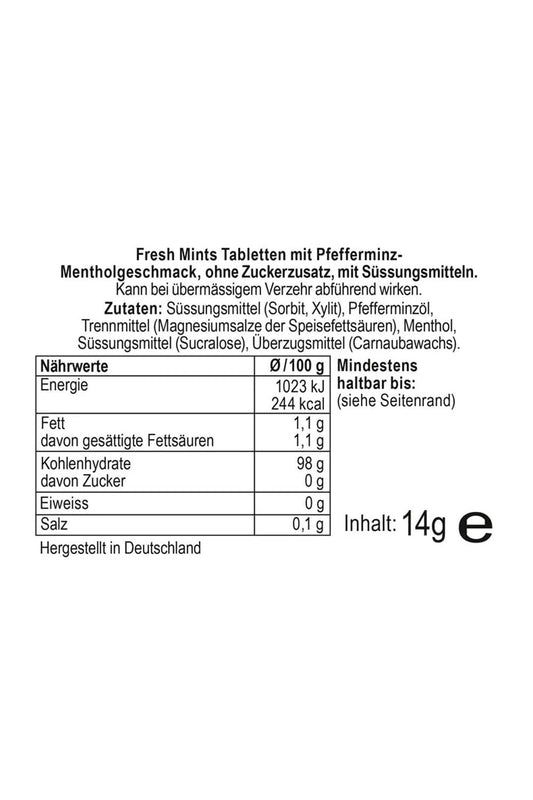 Zutaten und Naehrwerte fuer Fresh Mints Tabletten mit Pfefferminz!