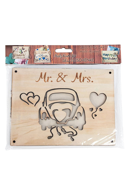 Kreative Geldkarte aus Holz zur Hochzeit! Einfach die Geldnoten dazwischen legen und zubinden. Ein originelles Geldgeschenk mit der Aufschrift: Mr. & Mrs. Verpackt.