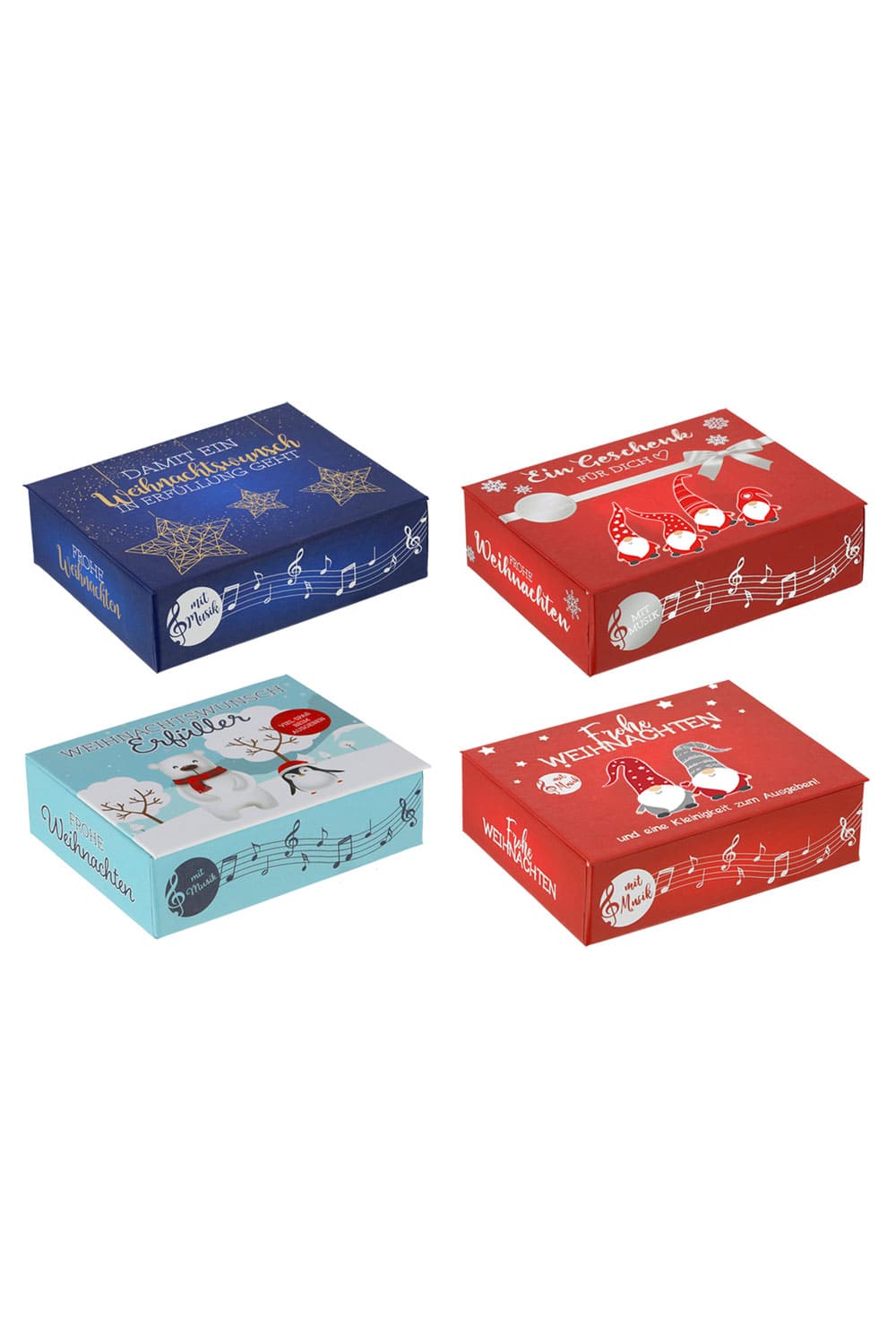 Eine perfekte Geschenkidee um ein Geldgeschenk oder Gutscheingeschenk, kreativ zu verpacken. Die herzige Musikbox kann beliebig gefuellt werden. Diese Musikbox spielt Musik beim Oeffnen. Die Musikbox Weihnachten, gibt es in vier diversen Motiven. Ein originelles Geld-und Gutschein Geschenk zu Weihnachten.
