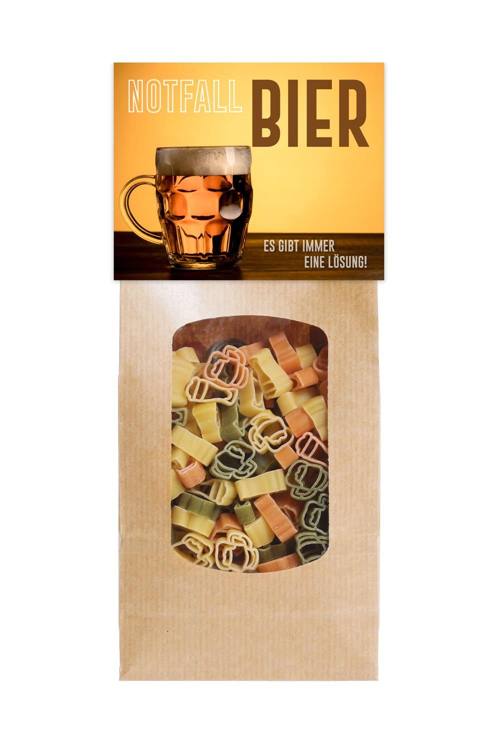 Die Pasta mit dem Spruch: Notfall Bier. Es gibt immer eine Loesung! Die leckeren dreifarbigen Motiv Nudeln sind in Form von Bierglaesern. Ideales Geschenk.