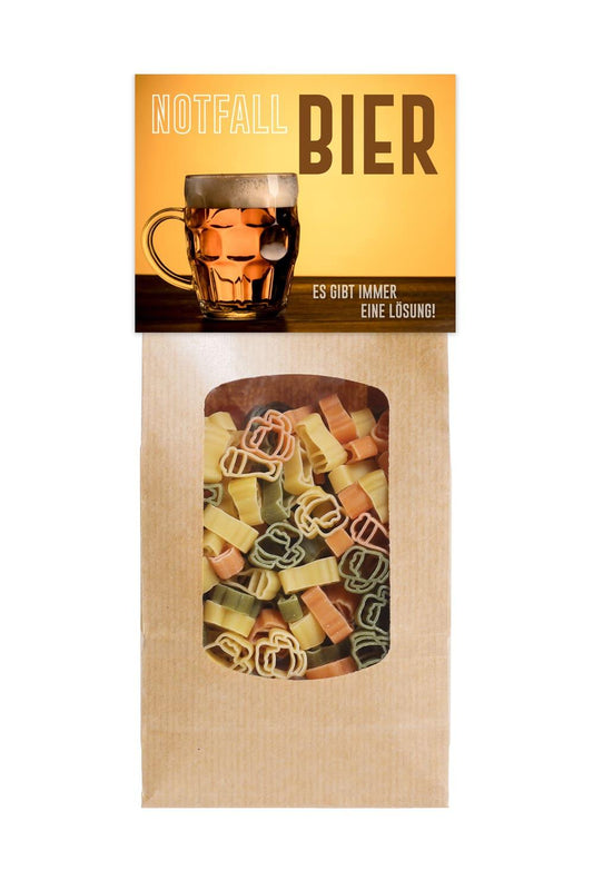 Die Pasta mit dem Spruch: Notfall Bier. Es gibt immer eine Loesung! Die leckeren dreifarbigen Motiv Nudeln sind in Form von Bierglaesern. Ideales Geschenk.