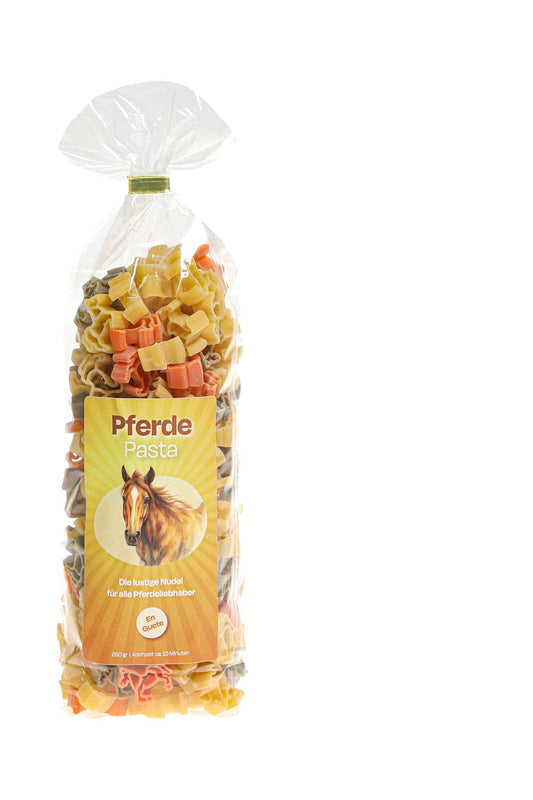 Pastasaeckli mit der Spruchetikette: Pferde Pasta. Die lustige Nudel fuer alle Pferdeliebhaber. En Guete. Die Motiv Teigwaren sind in Pferde Form!