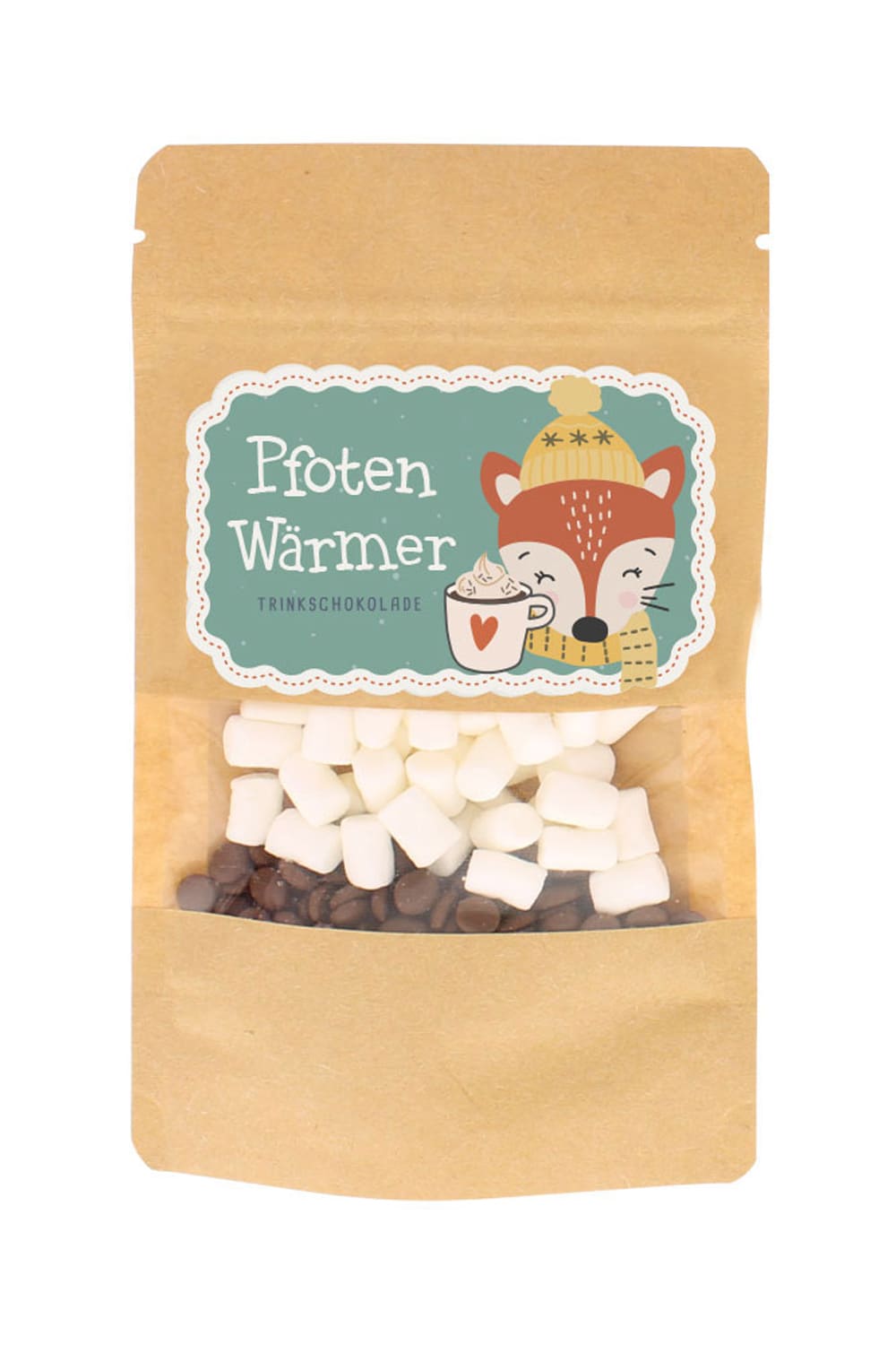 Ein leckeres Geschenk rund um die Winterzeit und zu Weihnachten! Auf der Verpackung steht: Pfotenwaermer Trinkschokolade. Mit herzigem Fuchs Motiv.