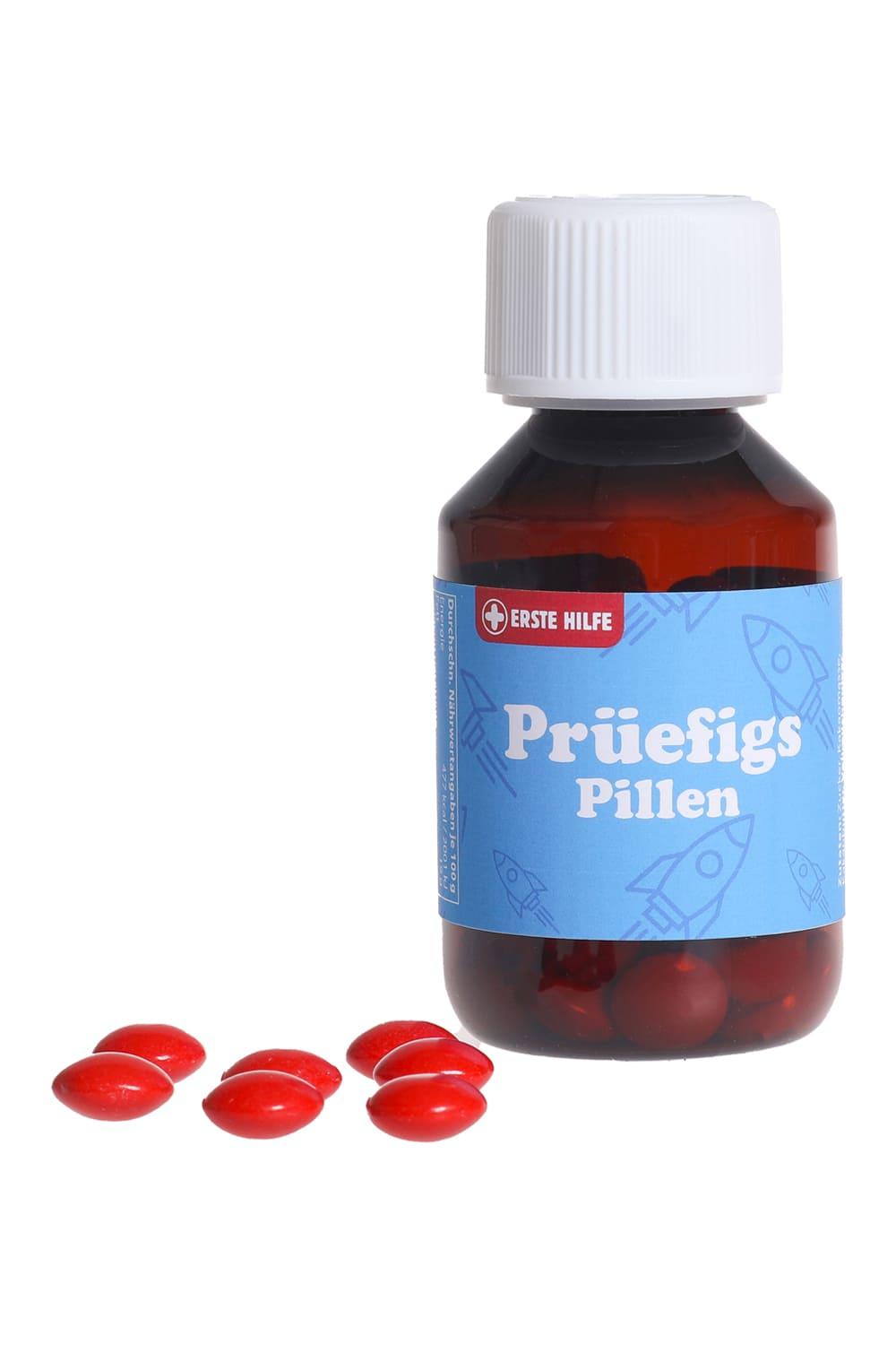 Die Prueefigs Schokopillen sind der Renner. Die Erste Hilfe Pillen aus Schokolade sind ein witziges Geschenk fuer eine bevorstehende Pruefung. Die Schokopillen sind verpackt in einer kleinen Plastikflasche und der Spruch ist auf schweizerdeutsch geschrieben. Humor Apotheke (kein Medizinprodukt!