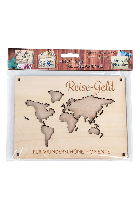 Kreative Geldkarte aus Holz! Ein originelles Geldgeschenk mit der Aufschrift: Reisegeld. Fuer wunderschoene Momente. Verpackt.