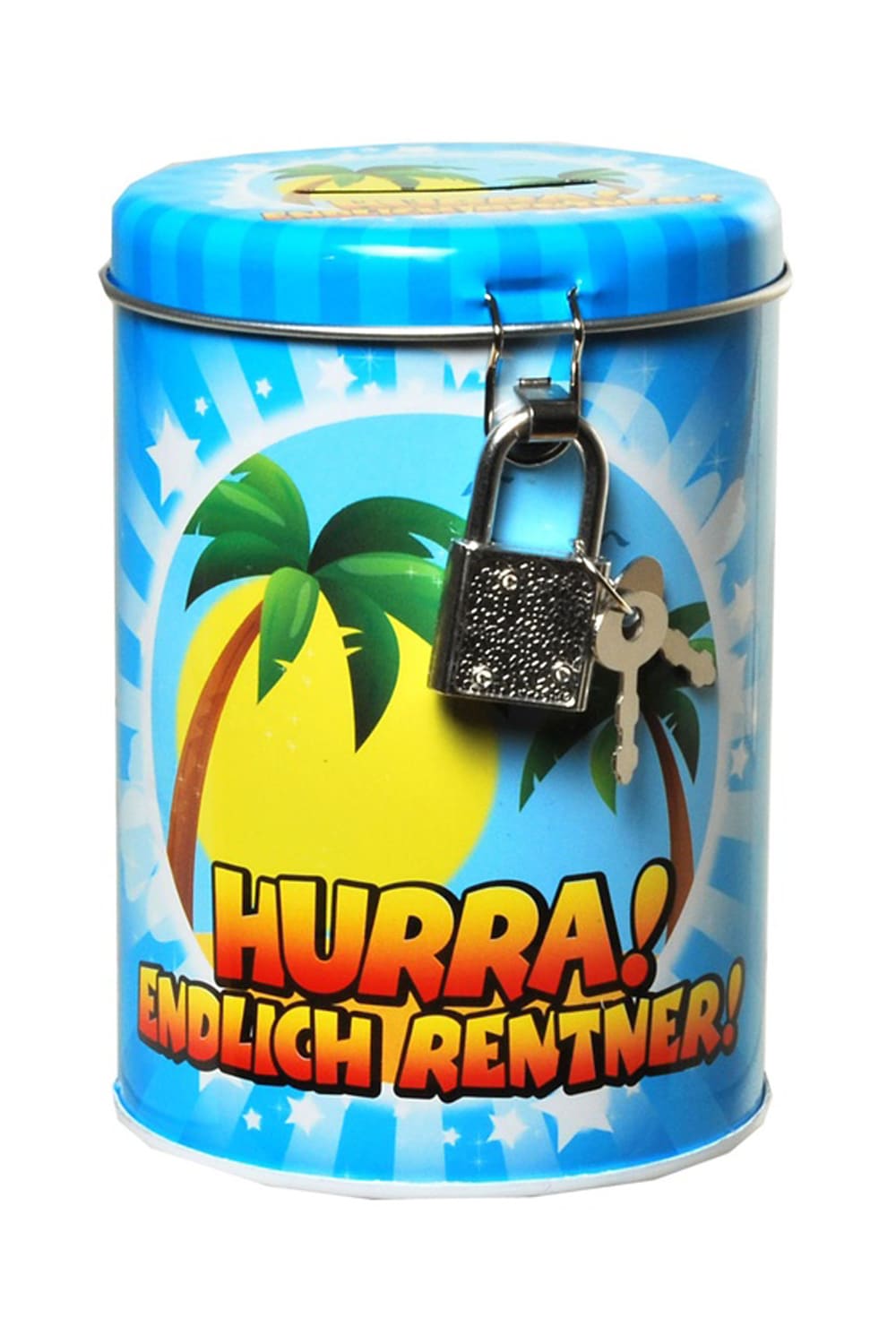 Auf dem buntem Sparkaesseli steht die Aufschrift: Hurra! Endlich Rentner! Die Spardose zur Pension. Mit Schloss und zwei Schluessel!