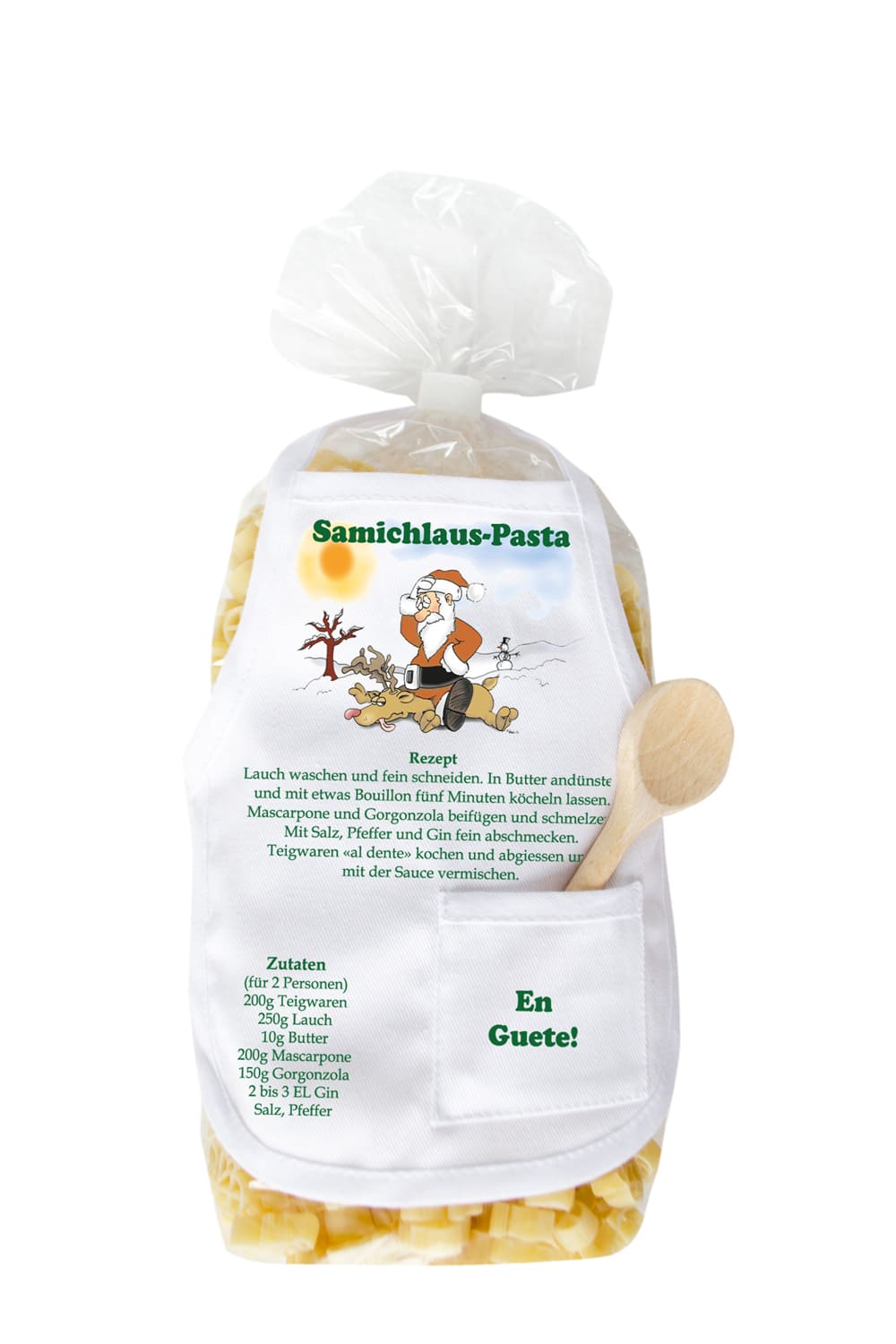 Die Pasta sind in Form kleiner Engel und in einer schoenen Verpackung mit einer Mini Kochschuerze. Ausserdem steht auf der laessigen Kochschuerze ein feines Rezept zum Nachkochen und der Spruch: Samichlaus-Pasta und eine weihnachtliche Abbildung mit einem Nikolaus und einem Elch. Einfach ein tolles Nikolaus Geschenk.