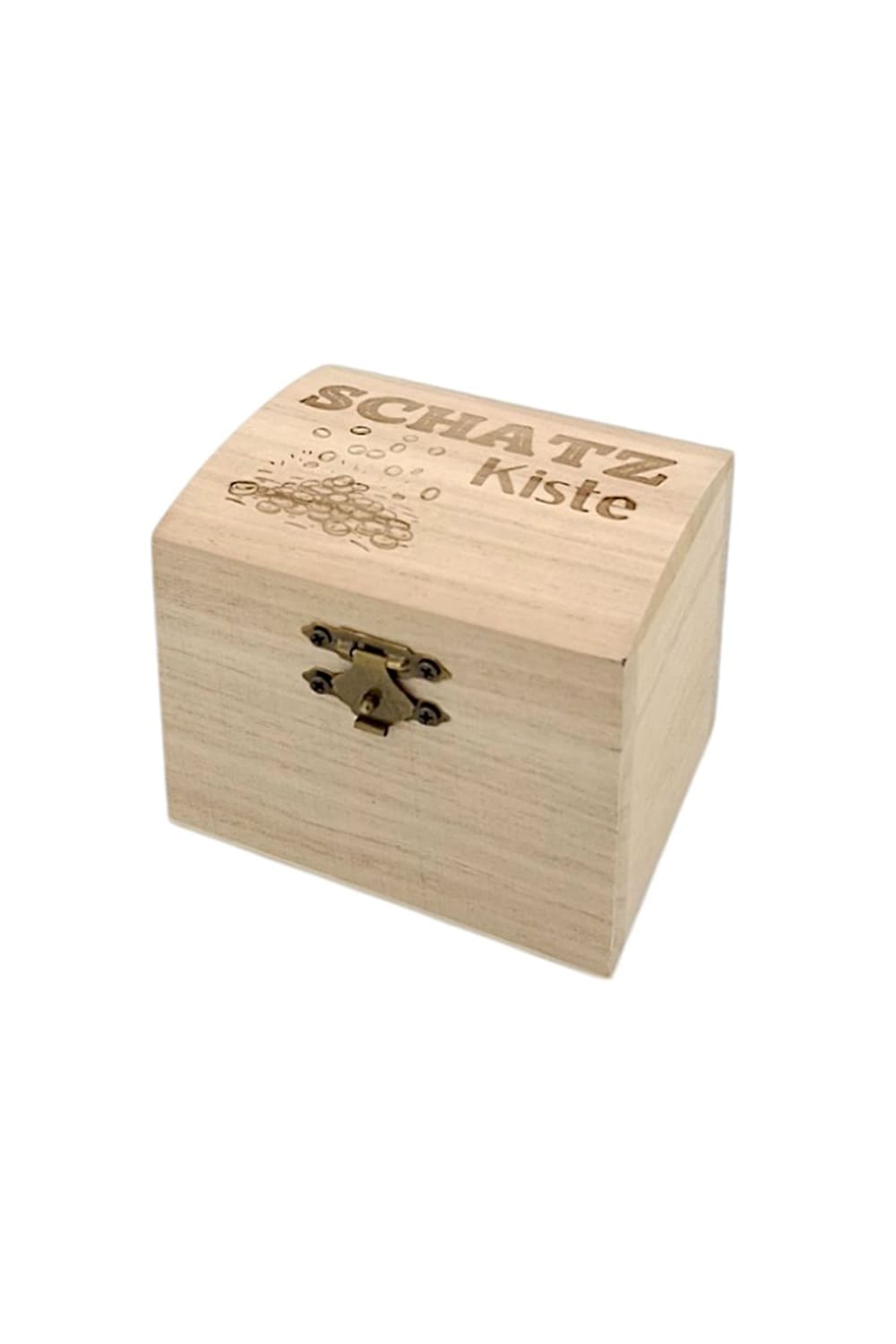 Die Schatzkiste Groesse S ist eine schoene Holztruhe mit der Gravur „Schatzkiste“. Ideal fuer kleine Ueberraschungen.