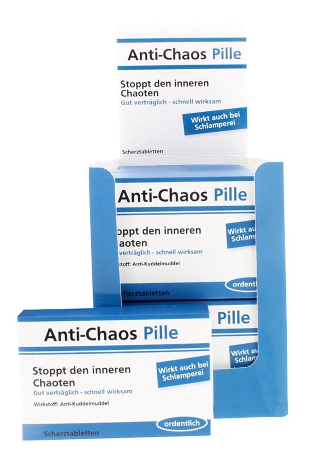 Die Scherztabletten mit den Spruechen: Anti-Chaos Pille. Stoppt den inneren Chaoten. Wirkstoff: Anti-Kuddelmuddel. Wirkt auch bei Schlamperei. Humor Apotheke!