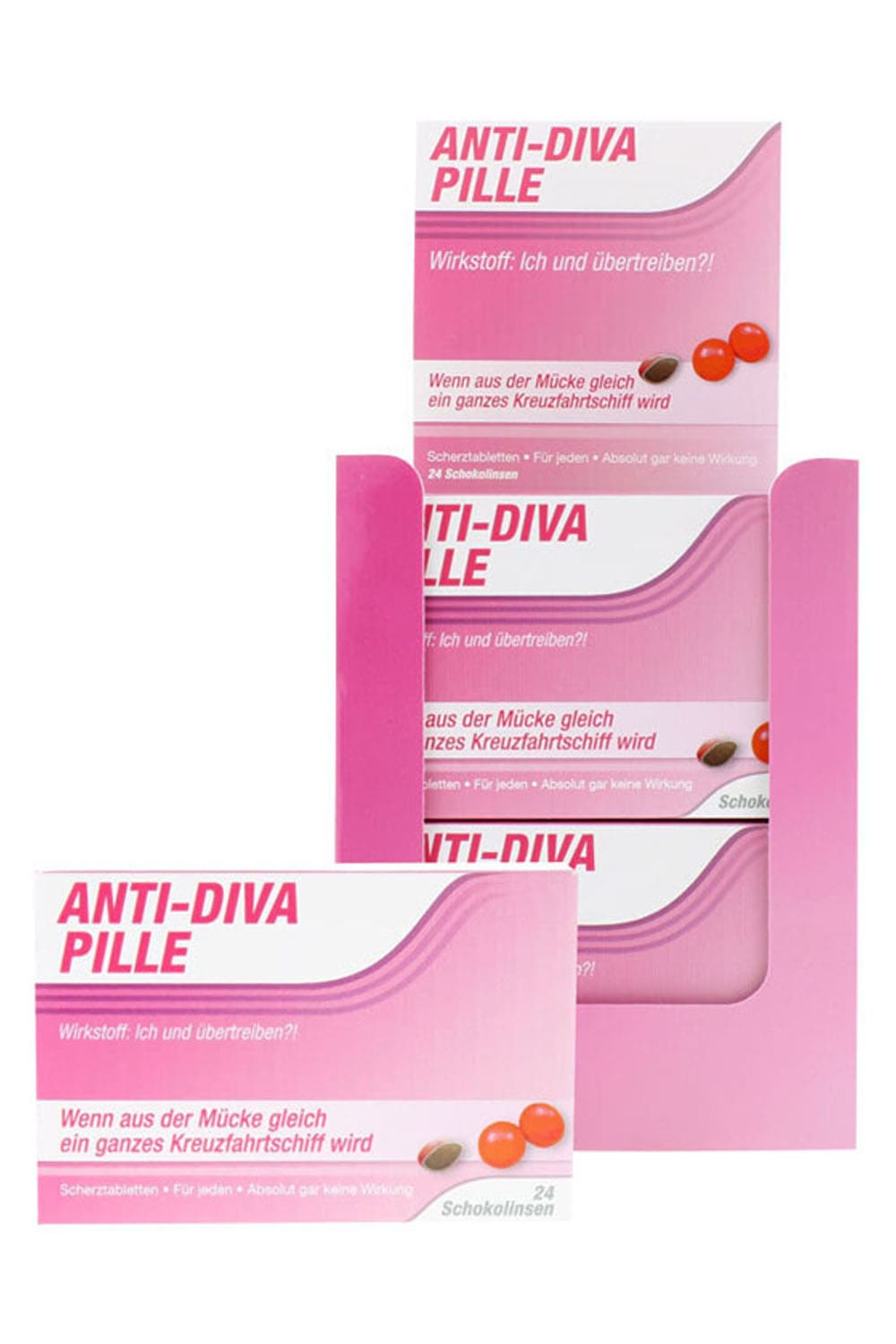 Schokopillen Scherztabletten mit dem Spruch: Anti Diva Pille. Wirkstoff: Ich und uebertrieben?! Wenn aus der Muecke gleich ein ganzes Kreuzfahrtschiff wird.