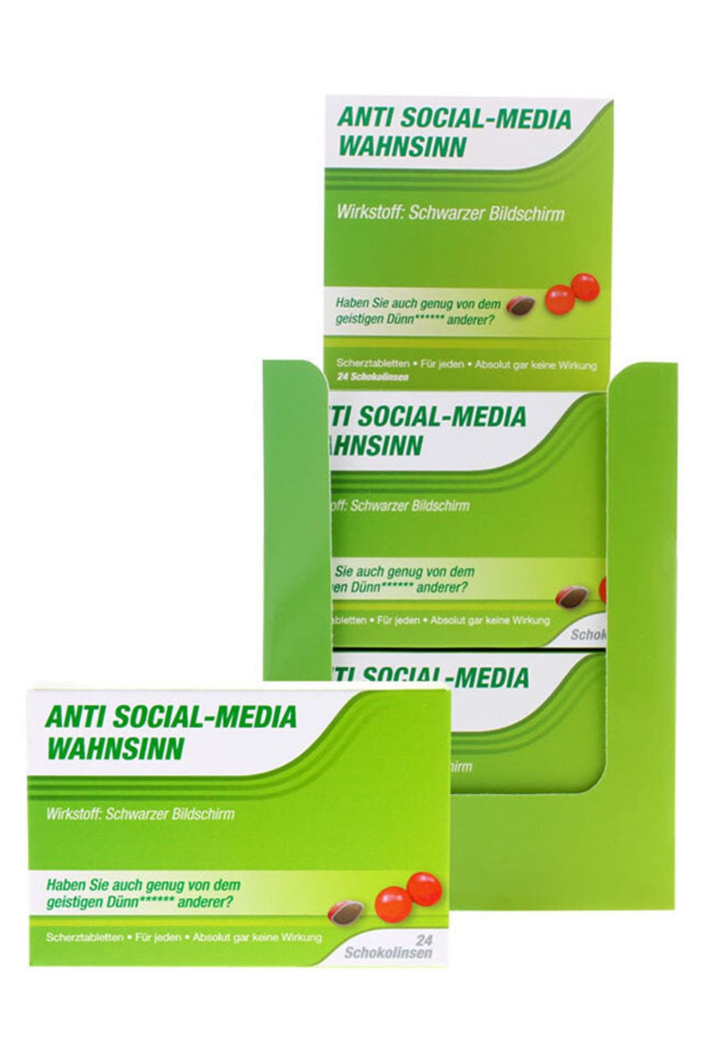 Die Schoko Scherztabletten sind in einer Verpackung, die aussieht wie eine Medizinschachtel mit folgenden Sprueche: Anti Social-Media Wahnsinn. Haben Sie auch genug von dem geistigen Duenn******anderer? Wirkstoff: Schwarzer Bildschirm. Humor Apotheke mit lustigem Beipackzettel! Kein Medizinprodukt!