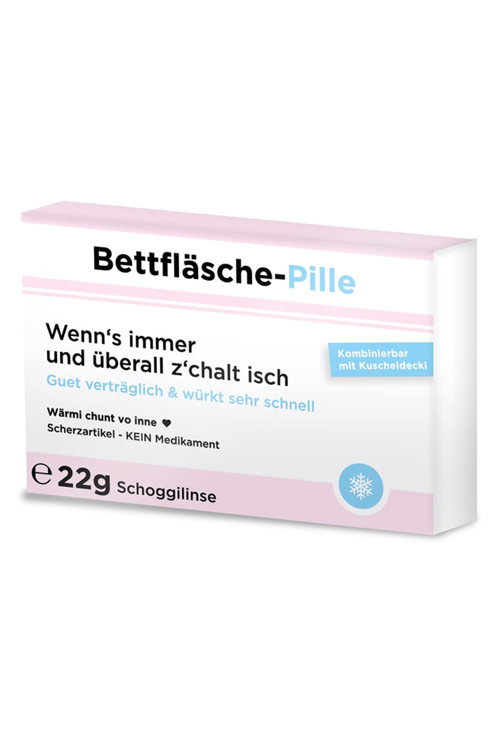 Die Scherztabletten sind ein witziges Geschenk fuer alle die gerne naschen. Die Schokopillen sind in einer Verpackung, die aussieht wie eine Medizinschachtel mit folgenden Sprueche: Bettflaesche-Pille. Wenn's immer und ueberall z'chalt isch. Guet vertraeglich & wuerkt sehr schnell. Kombinierbar mit Kuscheldecki.
