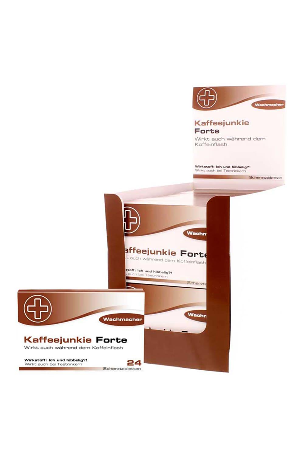 Diese Kaffejunkie Scherztabletten sind der Renner. Die Schokopillen sind in einer Verpackung, die aussieht wie eine Medizinschachtel mit folgenden Sprueche: Kaffeejunkie Forte. Wirkt auch waehrend dem Koffeinflash. Wirkstoff: Ich und hibbelig?! Wirkt auch bei Teetrinkern. Humor Apotheke, kein Medizinprodukt!