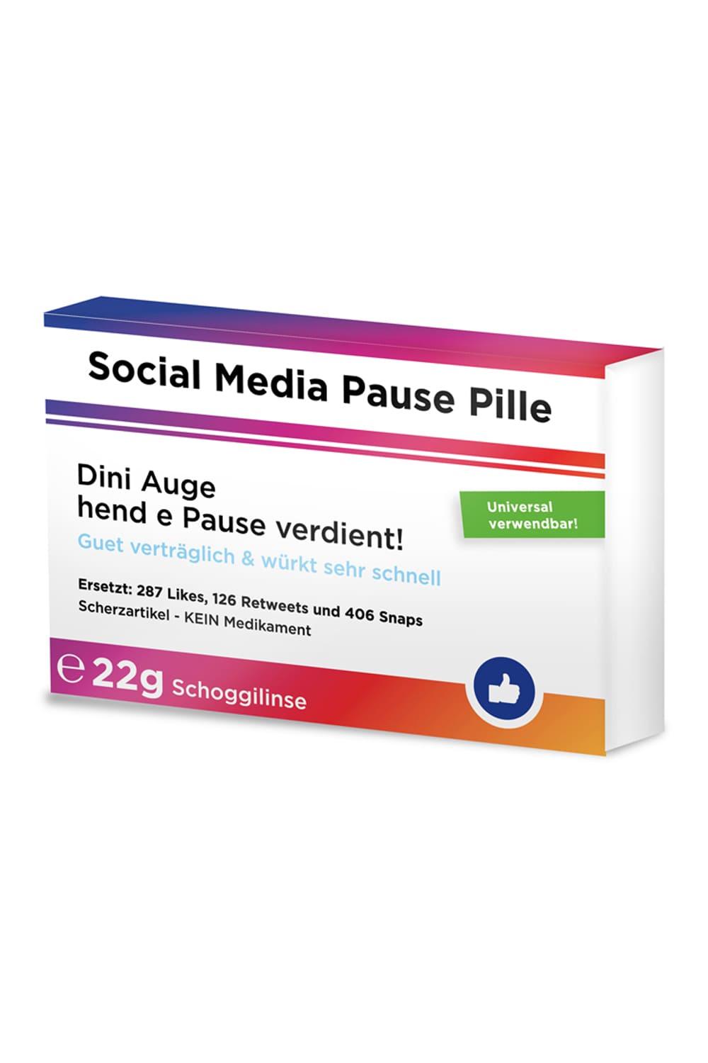 Diese Scherztabletten sind der Renner. Die Schokopillen sind in einer Verpackung, die aussieht wie eine Medizinschachtel. Auf der Schachtel stehen folgende Sprueche: Social Media Pause Pille. Dini Auge hend e Pause verdient! Ersetzt: 287 Likes, 126 Retweets und 406 Snaps. Ein Geschenk fuer lustige Situationen.