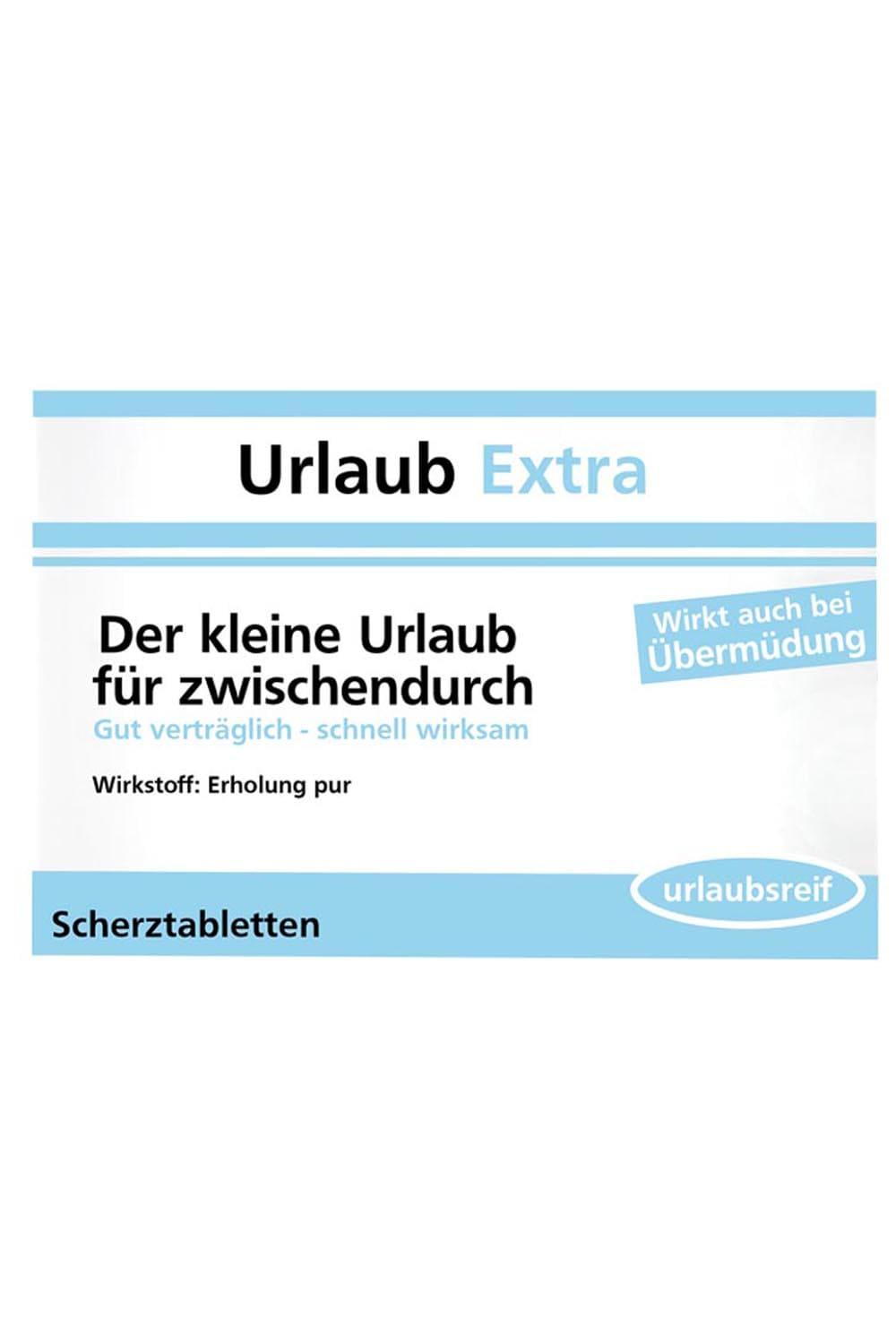 Die Scherztabletten sind in einer Verpackung, die aussieht wie eine Medizinschachtel. Auf der Schachtel stehen folgende Sprueche: Urlaub Extra. Der kleine Urlaub fuer zwischendurch. Gut vertraeglich-schnell wirksam. Wirkstoff: Erholung pur. Humor Apotheke mit lustigem Beipackzettel! Kein Medizinprodukt!