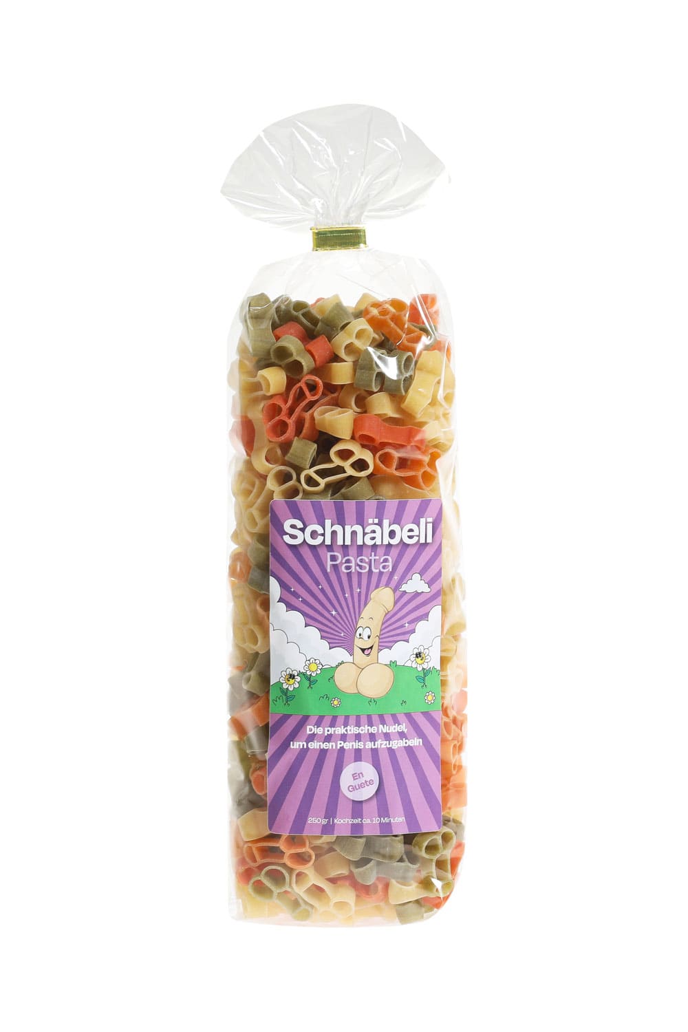 Pastasaeckli mit der Spruchetikette: Schnaebeli Pasta. Die praktische Nudel, um einen Penis aufzugabeln. En Guete. Die Motiv Teigwaren sind in Penis Form!