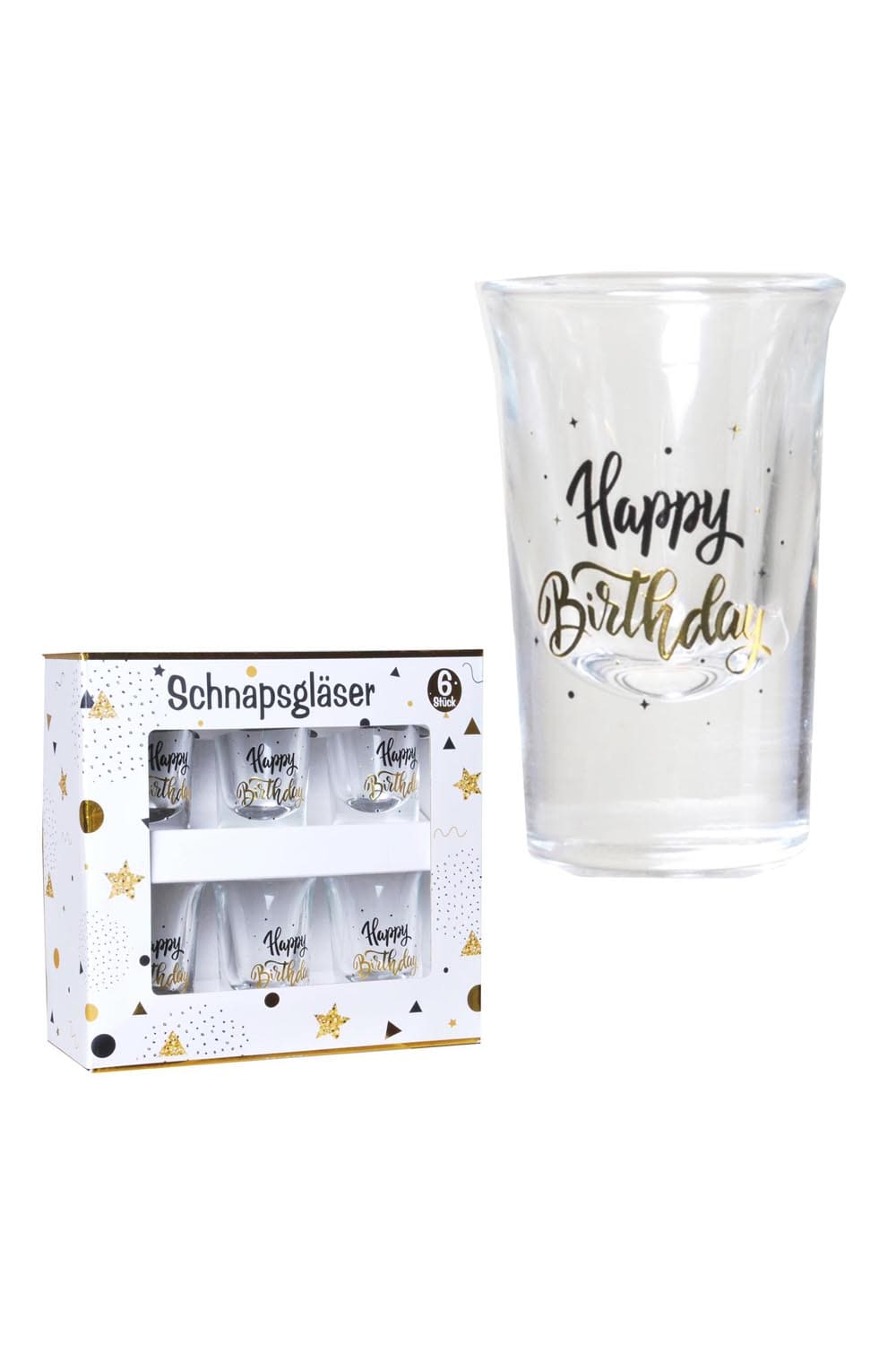 Schnapsglaeser mit der Aufschrift: Happy Birthday. Die Schnapsglaeser sind im 6er-Set und in einem Geschenkkarton verpackt. Ein ideales Geschenk zum Geburtstag.