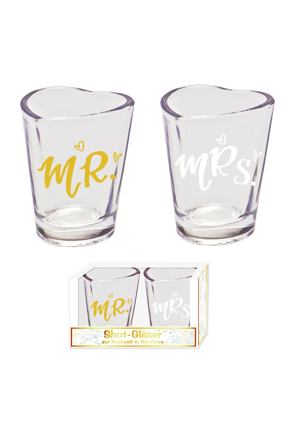 Diese Mr. & Mrs. Schnapsglaeser sind im 2er-Set und in Herzform. Ein perfektes Geschenk zur Hochzeit. 2 Stueck verpackt in einem Geschenkkarton.