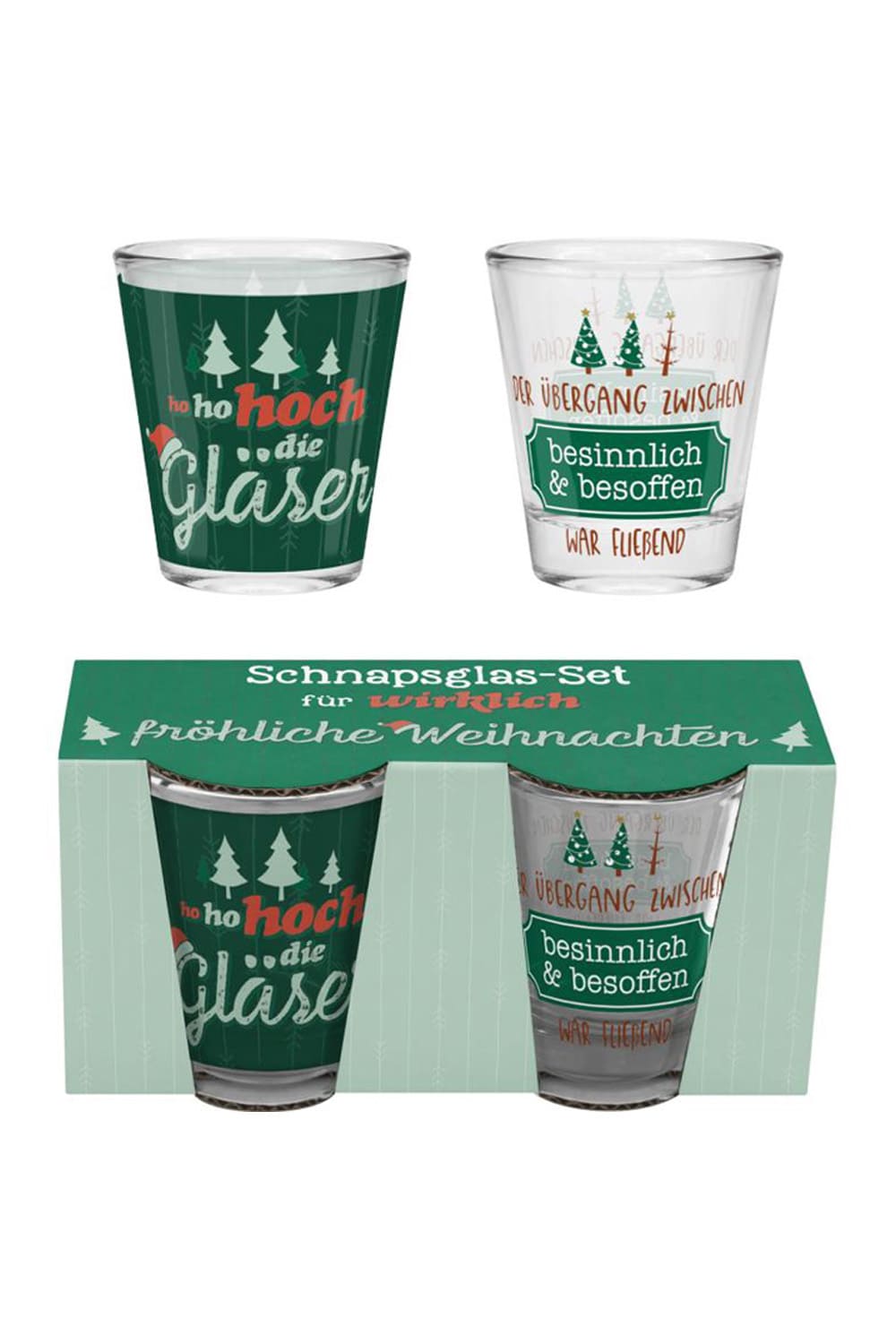 Witziges Geschenkset bestehend aus zwei Schnapsglaesern, passend fuer die Weihnachtszeit. Das Schnapsglas-Set ist mit witzigem Dekor und folgenden Spruechen: "Ho, ho, hoch die Glaeser" und "der Uebergang zwischen besinnlich & besoffen war fliessend. Geschenk-Banderole mit dem Spruch: Fuer wirklich froehliche Weihnachten.