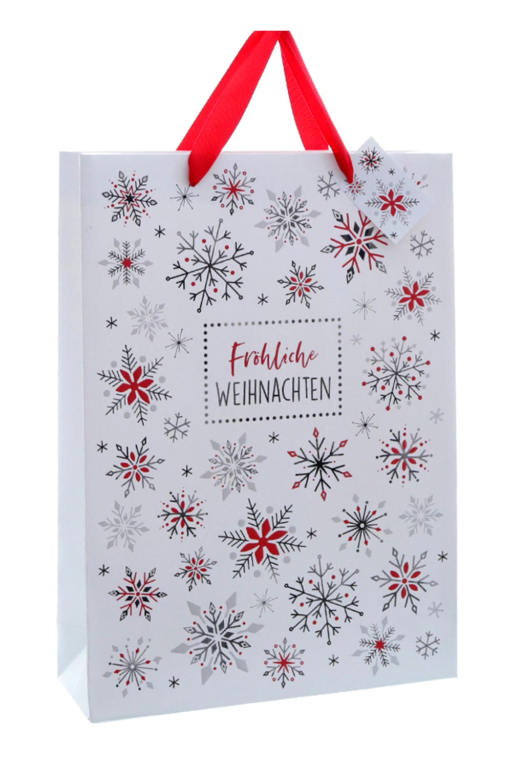 Hochwertige Geschenktasche mit der Aufschrift: Froehliche Weihnachten und schoenem Schneeflocken Motiv. Eine schoene Geschenktuete fuer Weihnachten! Die Weihnachtstasche gibt es in zwei unterschiedlichen Groessen (auswaehlbar). Einfach eine originelle Geschenkverpackung fuer die Weihnachtszeit!