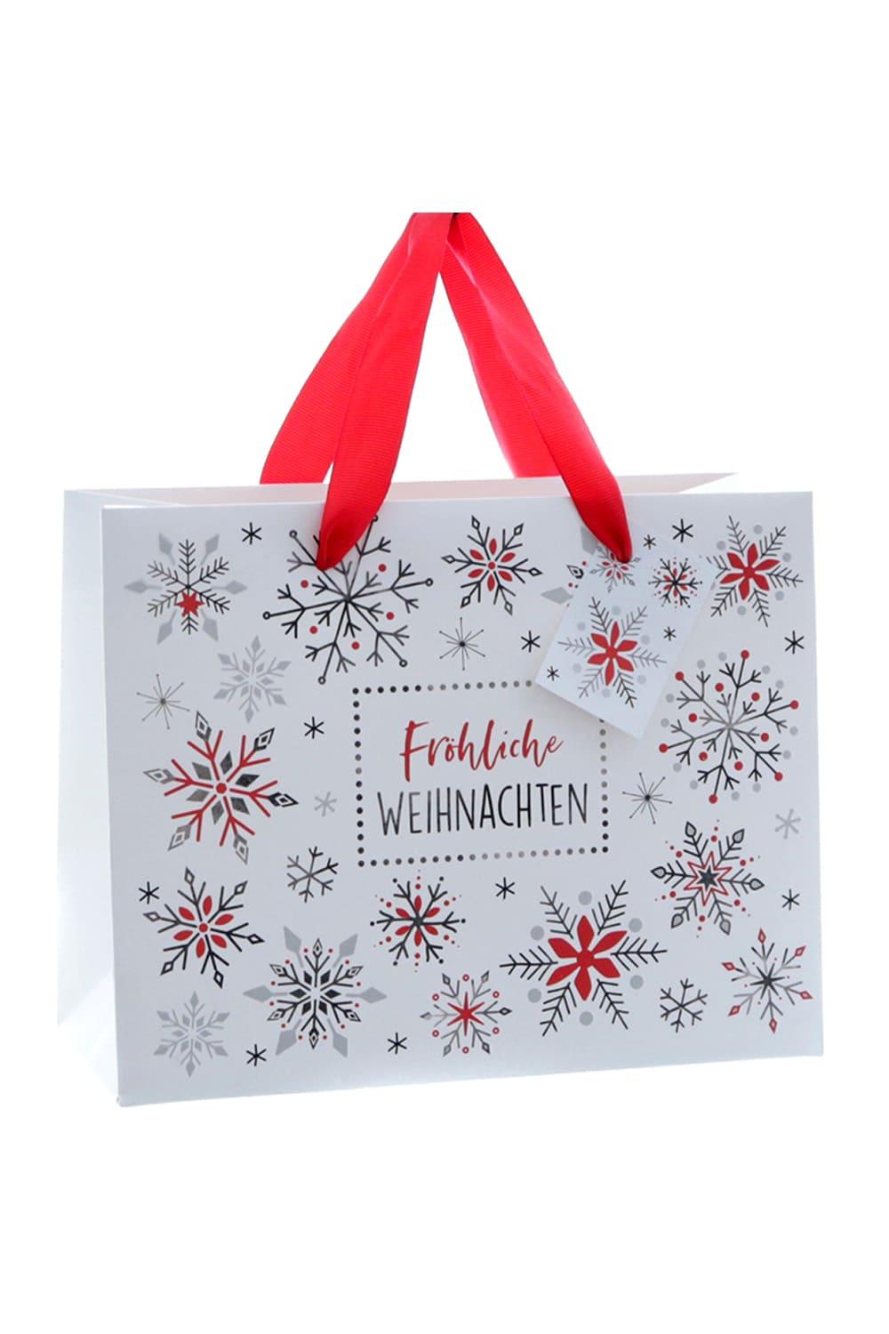 Die hochwertige Schneeflocke Geschenktasche mit der Aufschrift: Frohe Weihnachten ist eine schoene Geschenktuete (quer) fuer Weihnachten! Einfach eine originelle und weihnachtliche Geschenkverpackung!