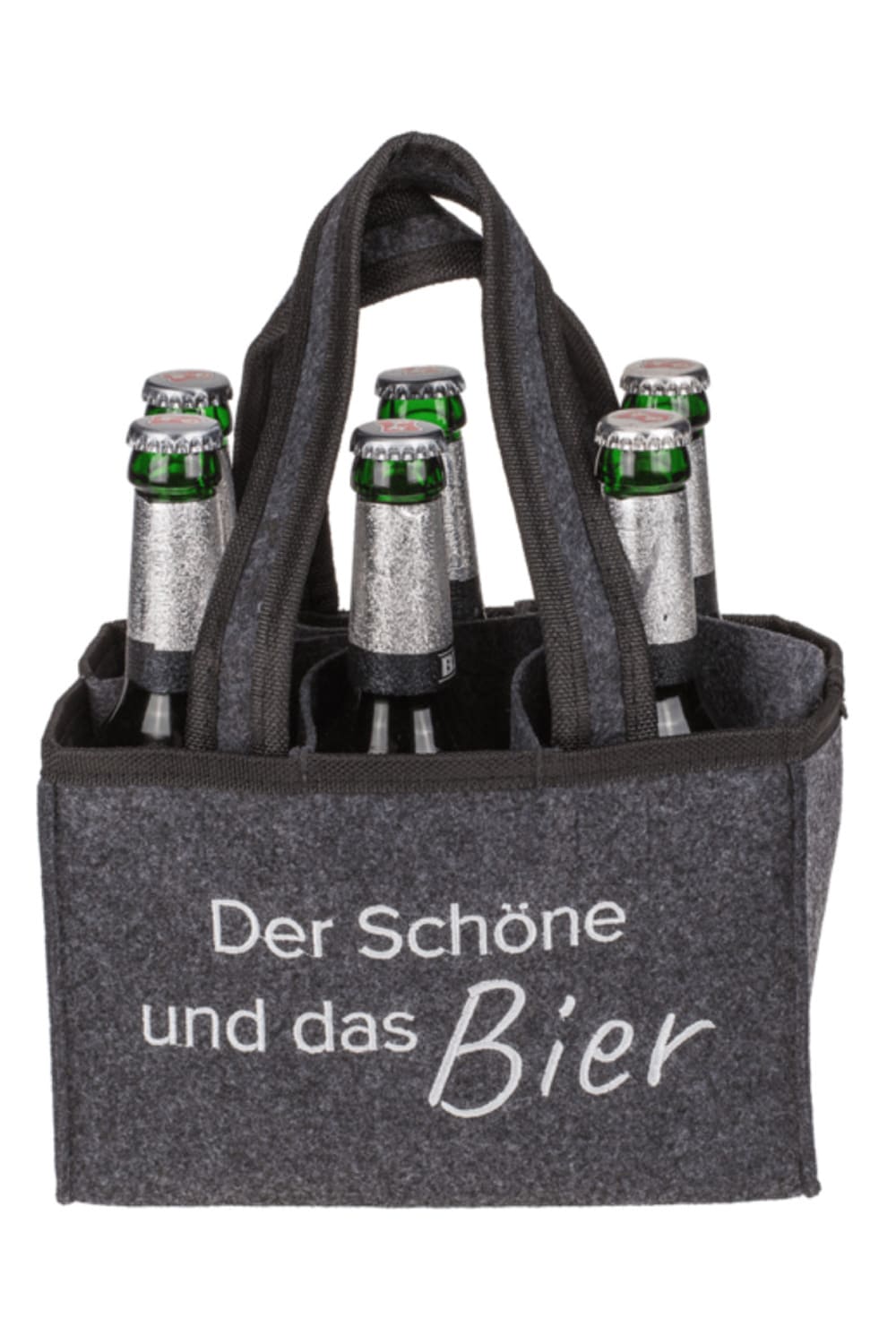 Die witzige Flaschentasche hat Platz fuer sechs Flaschen Bier. Die Tasche ist aus Filz mit der Aufschrift: Der Schoene & das Bier. Ein kreatives Geschenk.