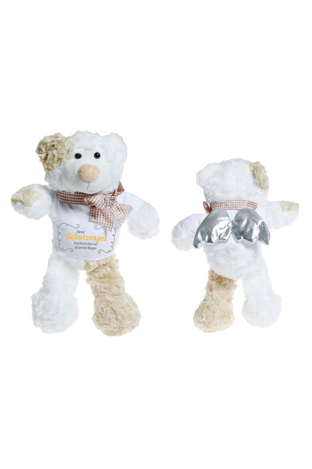 Der Plueschbaer mit Fluegel traegt ein weisses Mini T-Shirt mit dem Spruch: Dieser Schutzengel beschuetzt dich auf all deinen Wegen. Der Engel Teddybaer misst stehend 29 cm.