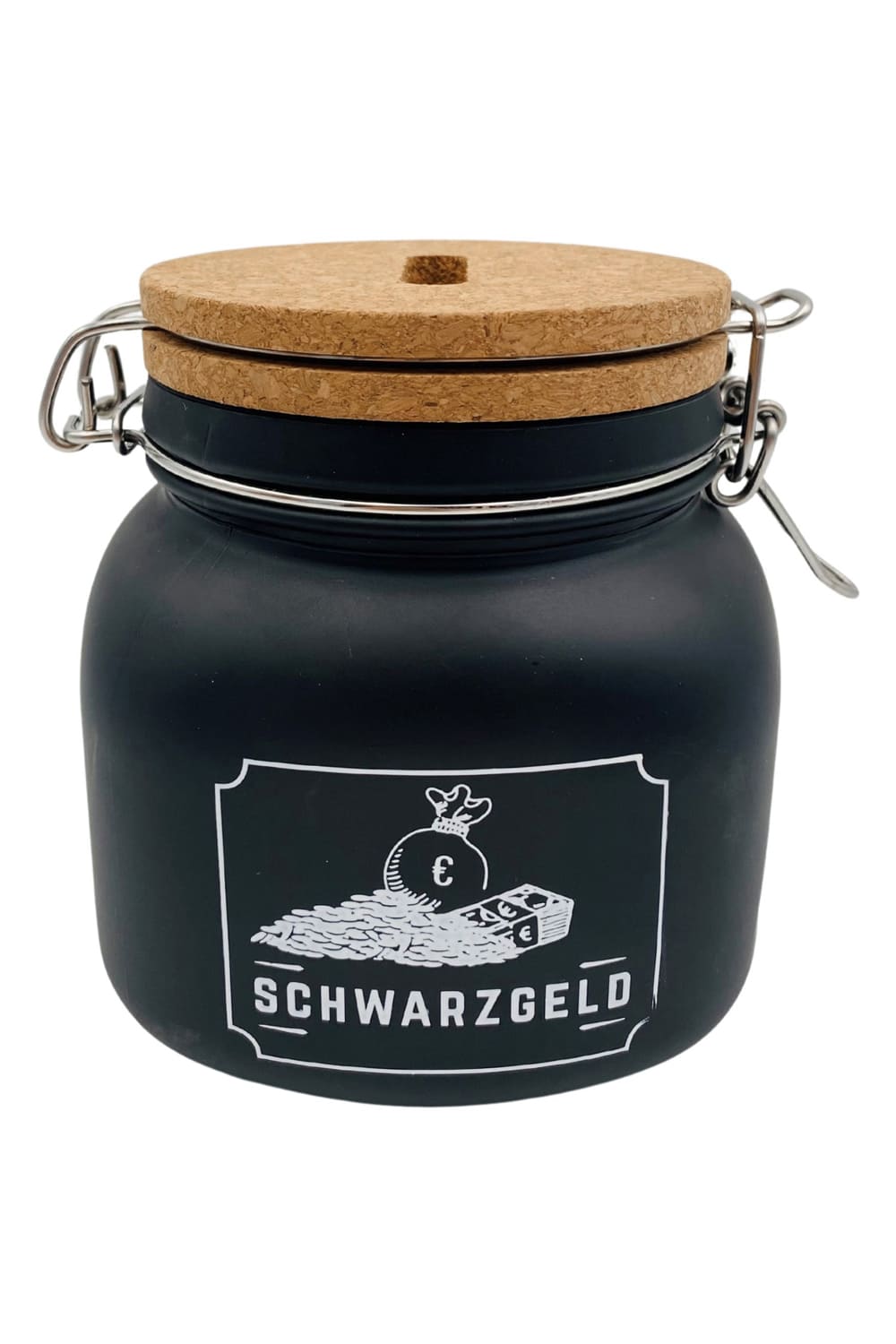 Diese Spardose ist aus Glas und Kork sowie mit Vorhaengeschloss und Schluessel. Auf dem hochwertigen Sparglas steht die Aufschrift: Schwarzgeld!