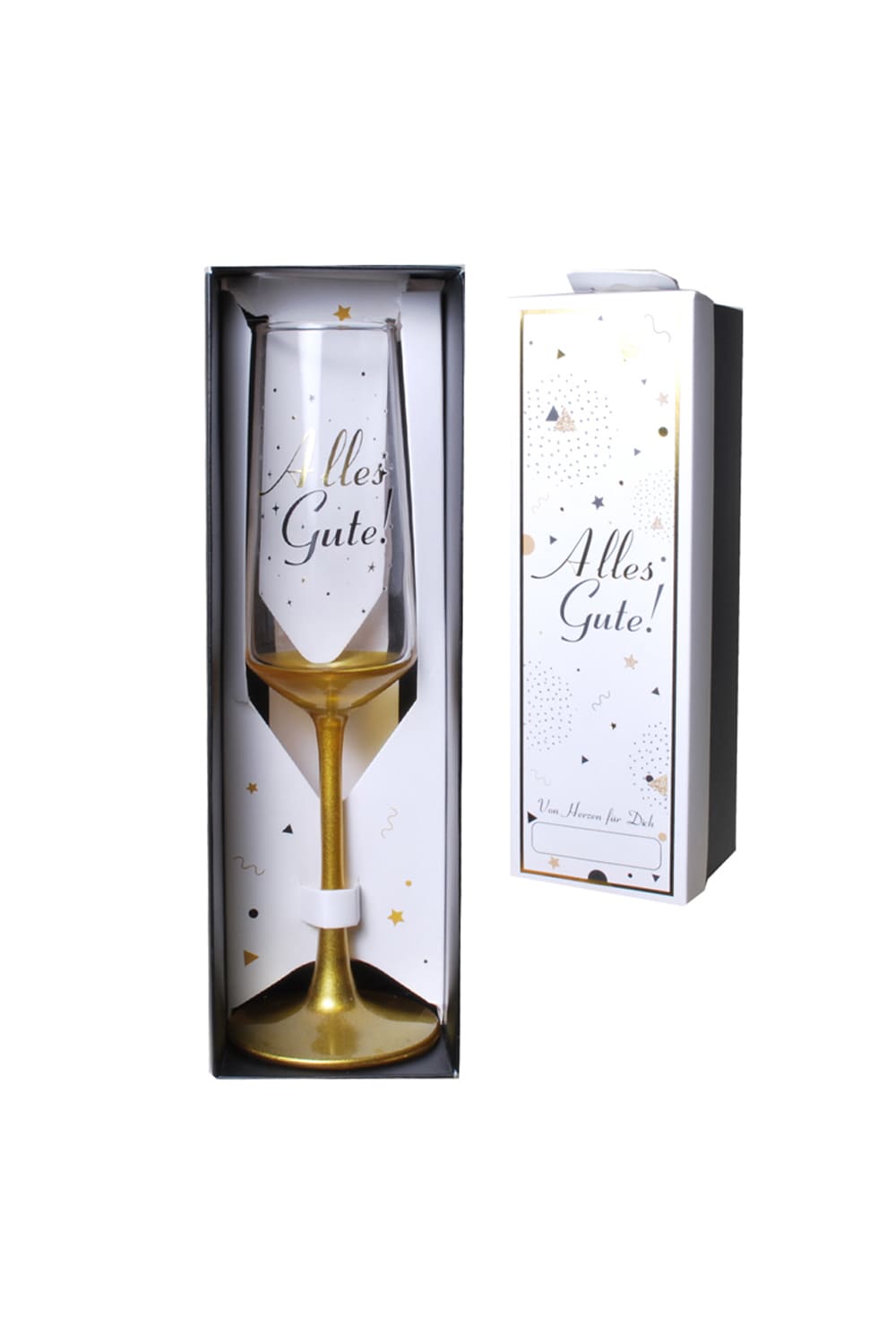 Schoenes Sektglas! Das Proseccoglas ist in der Farbe gold und mit der Aufschrift: Alles Gute! Einfach ein kreatives Geschenk!