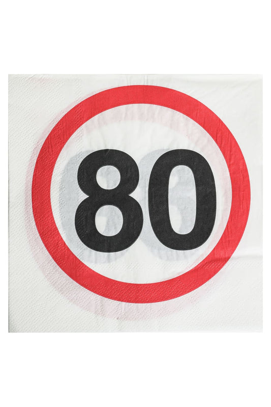 Diese Verkehrsschild Geburtstagsservietten sind perfekt als Geschenk oder Dekoration zum 80. Geburtstag oder fuer eine Jubilaeumsfeier. Eine Servietten Packung beinhaltet 20 Papierservietten. Die Groesse ist ca. 33 x 33 cm (offen).