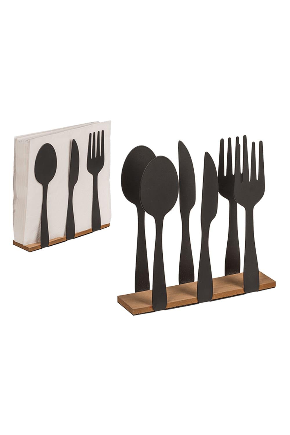 Dieser schwarzer Besteck Serviettenhalter aus Metall ist perfekt als Geschenk. Ideal als kreative Dekoration auf dem Tisch. Der Metallhalter ist in der Farbe schwarz erhaeltlich. Farblich passen somit alle Servietten. Der Serviettenhalter hat einen Holzboden.