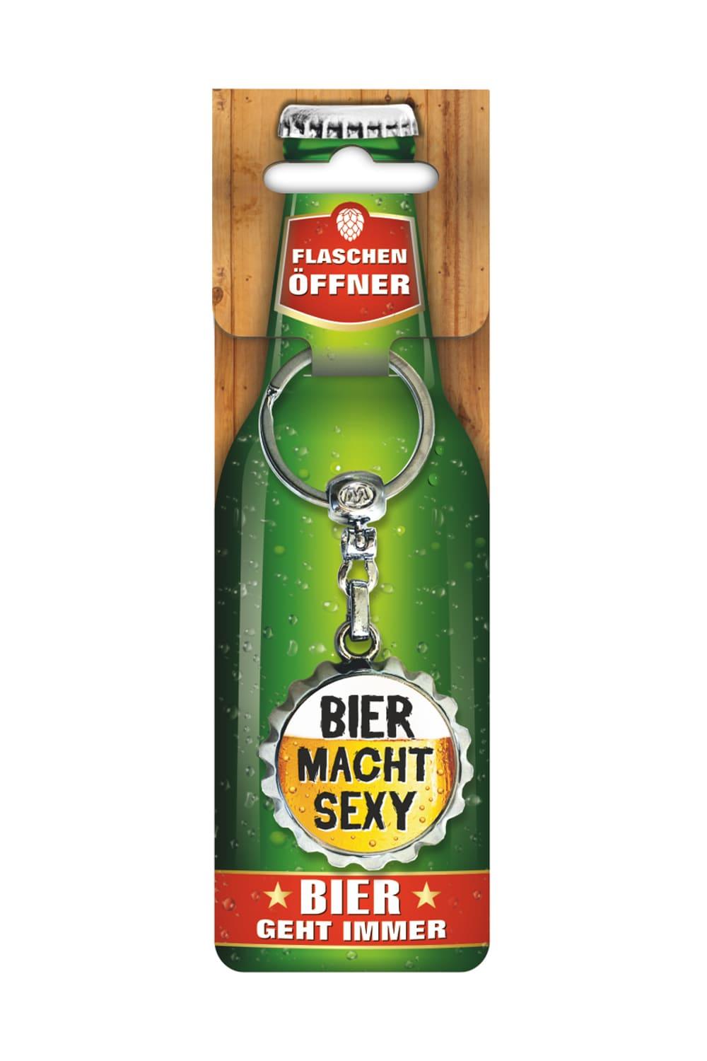 Der Bieroeffner ist zugleich auch ein Anhaenger. Cooler Bier Flaschenoeffner mit dem Spruch: Bier macht sexy. Ein lustiges Geschenk fuer jeden Anlass.