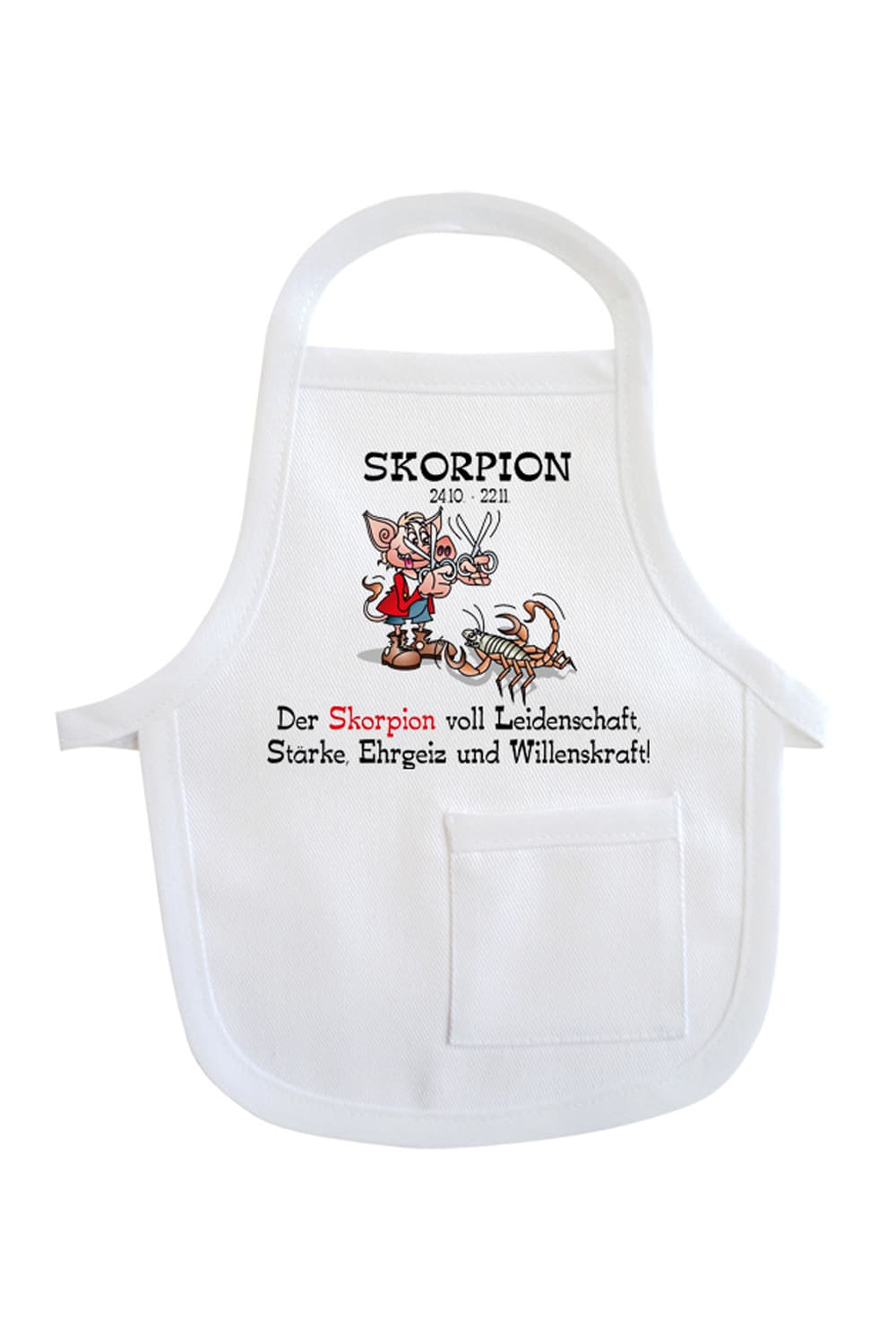 Einfach die Mini-Schuerze um eine Flasche, um ein Geschenk oder Stofftier haengen und fertig ist die originelle Geschenkverpackung. Die Sternzeichen Flaschenschuerze mit der Aufschrift: Skorpion 24.10-22.11. Der Skorpion voll Leidenschaft, Staerke, Ehrgeiz und Willenskraft!