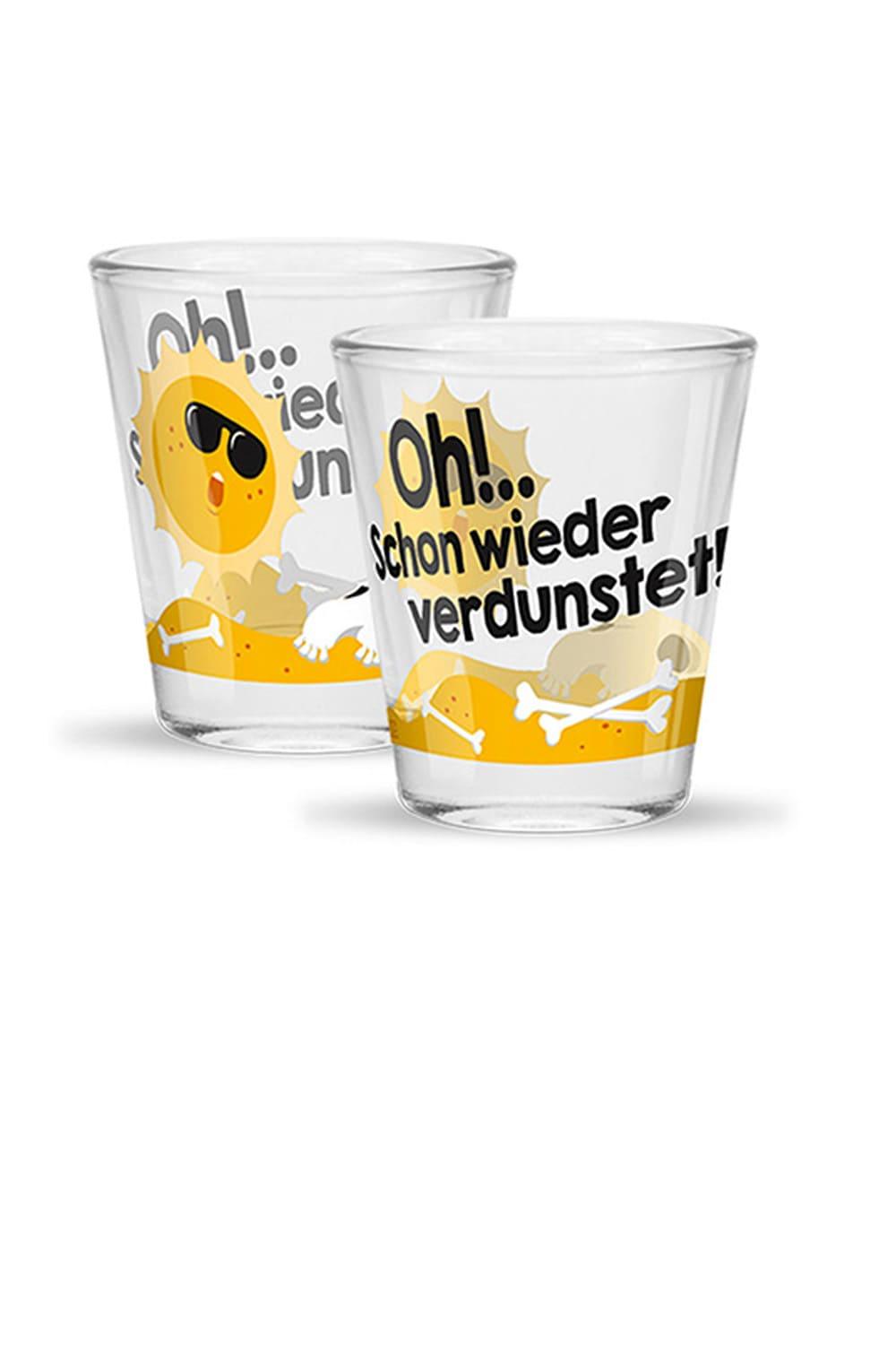 Dieses Schnapsglas ist mit witzigem Sonne Dekor und folgendem Spruch: Oh!.. Schon wieder verdunstet! Ein witziges Geschenk fuer alle Schnaps-Liebhaber!!! Kann optimal mit einer Flasche Schnaps verschenkt werden. Dieses kleine Glas fuer Schnaps, passt zu jedem Anlass! Auch ideal als kleines Mitbringsel!