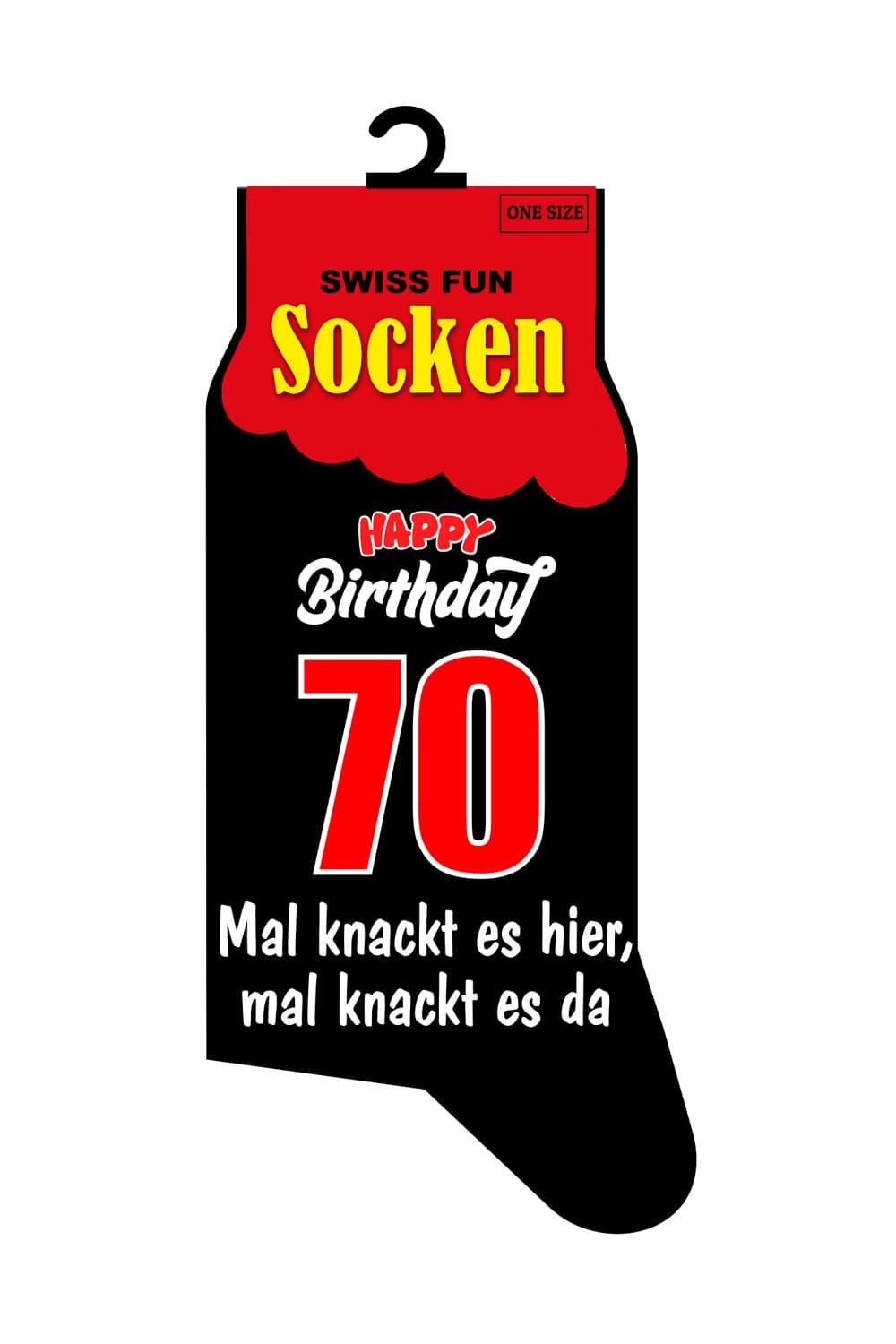 Spasssocken mit dem Spruch: Happy Birthday. 70. Mal knackt es hier, mal knackt es da. Die witzigen Spruchsocken mit der Zahl 70! Geschenk zum 70. Geburtstag.